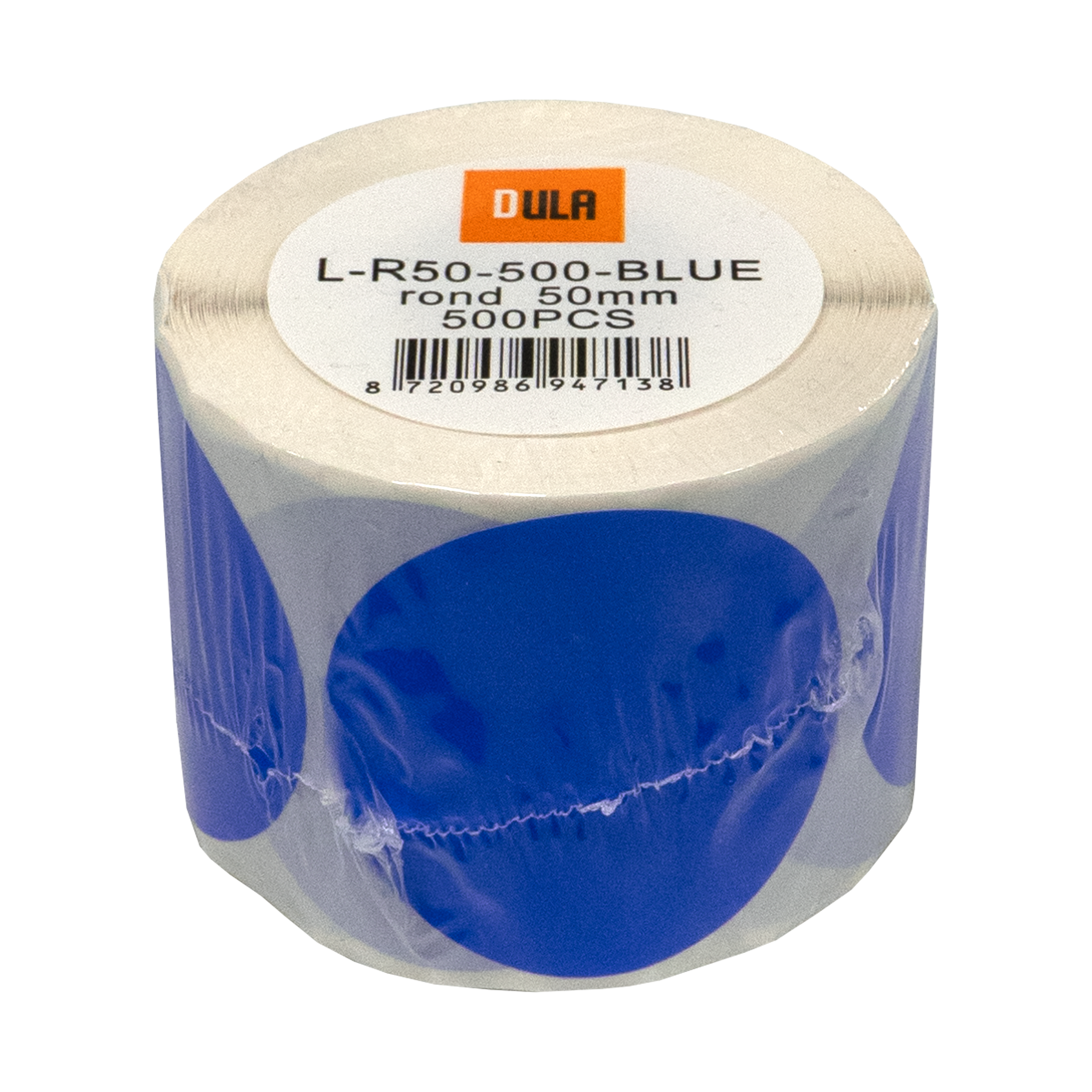 Een rol blauwe cirkelvormige stickers. Het label zegt 'L-R50-500-BLUE rond 50mm 500PCS'. Het merk is 'DULA'.