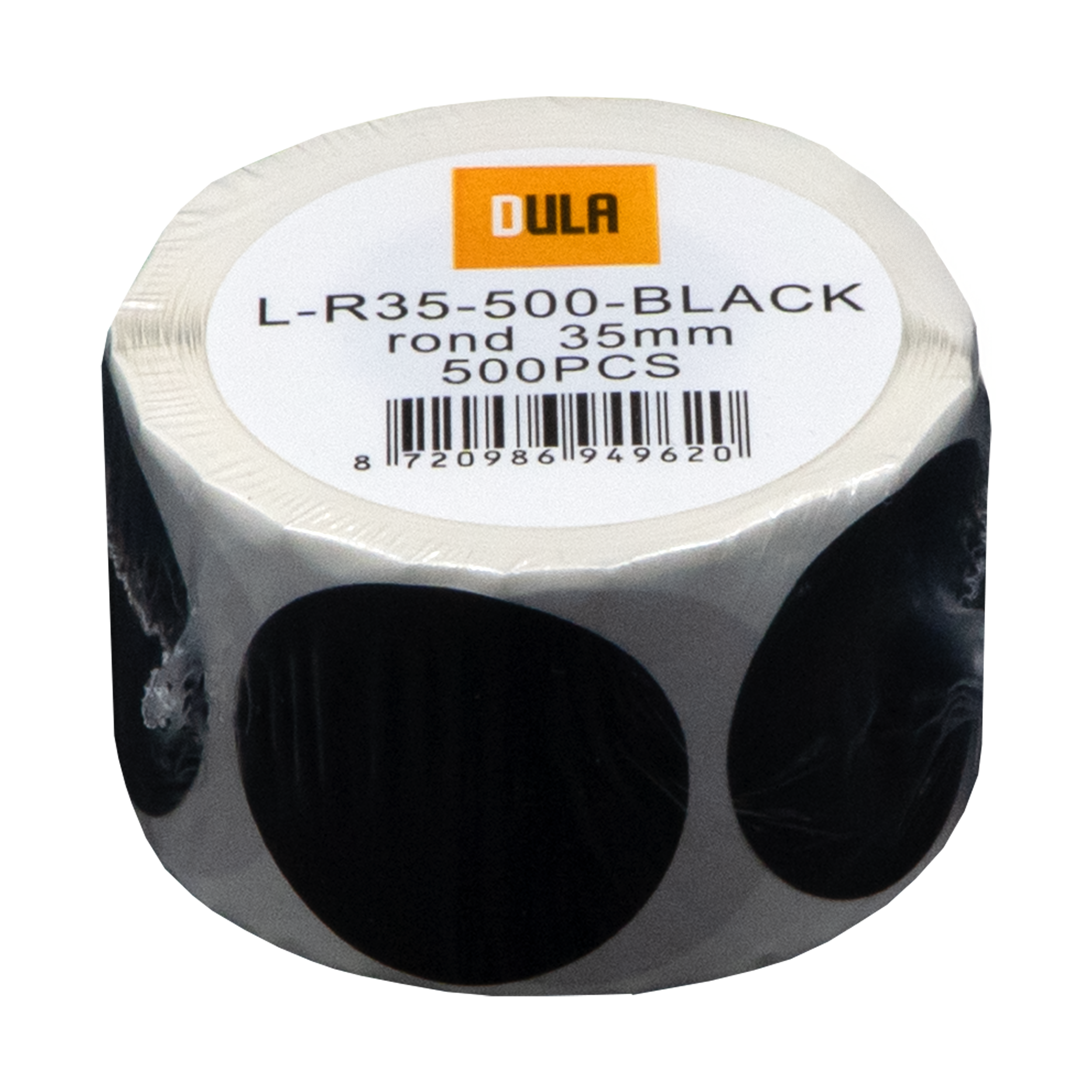 Een rol zwarte ronde stickers. Het label zegt 'DULA' en productdetails.
