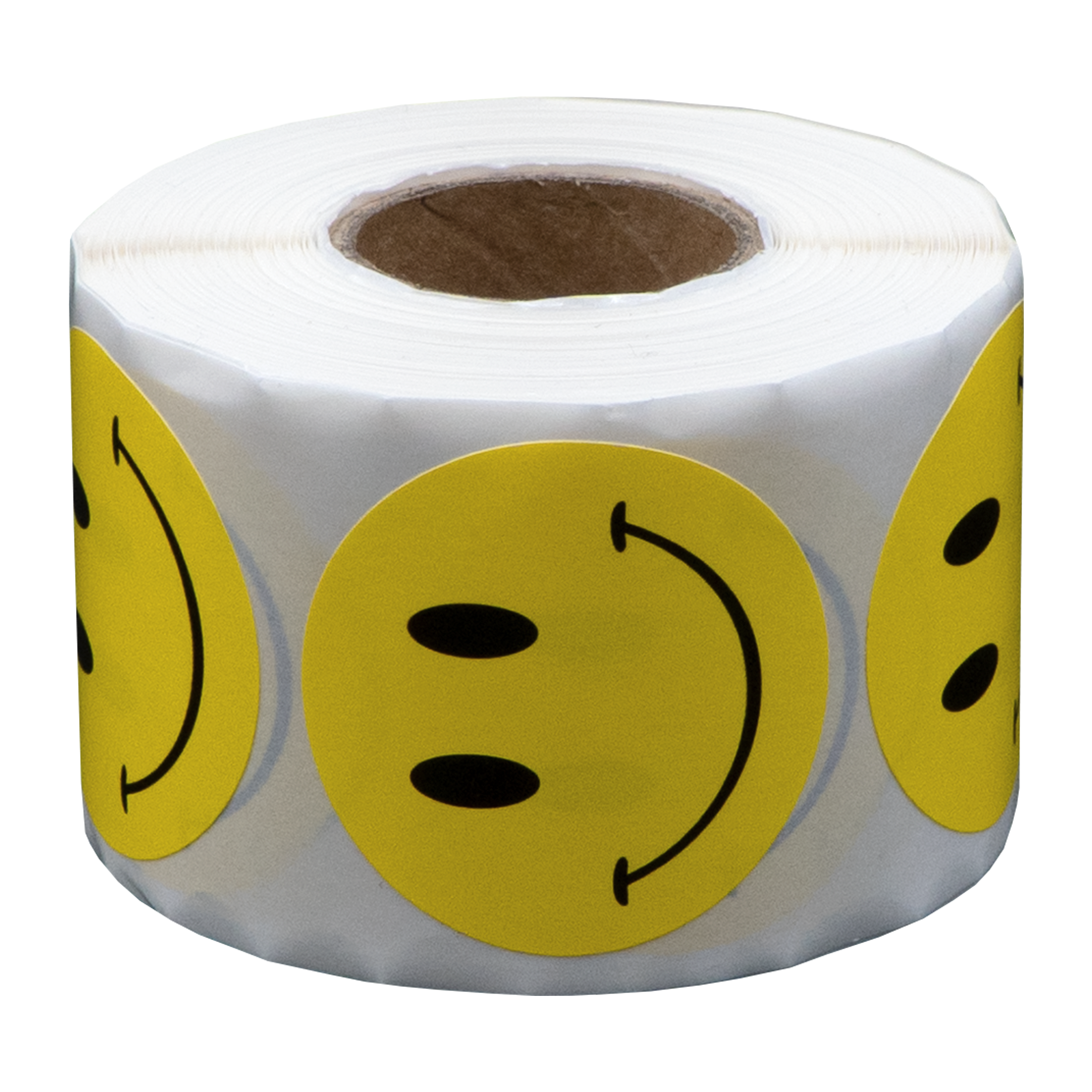Een rol witte stickers met gele smiley-gezichten. Elk gezicht heeft zwarte ogen en een gebogen mond.