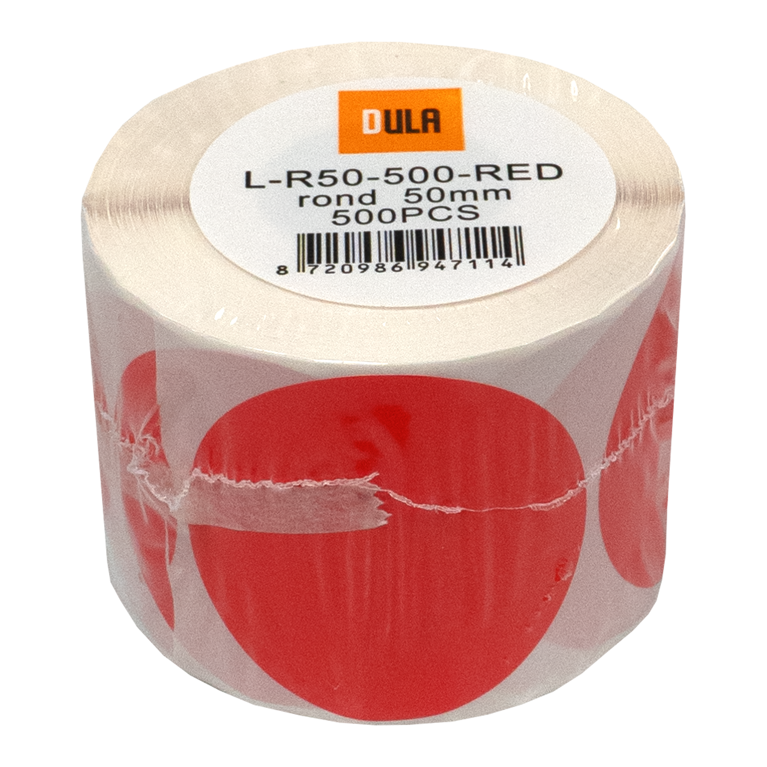 Een rol rode cirkelstickers met witte achterkant. Op het etiket staat: L-R50-500-RED.