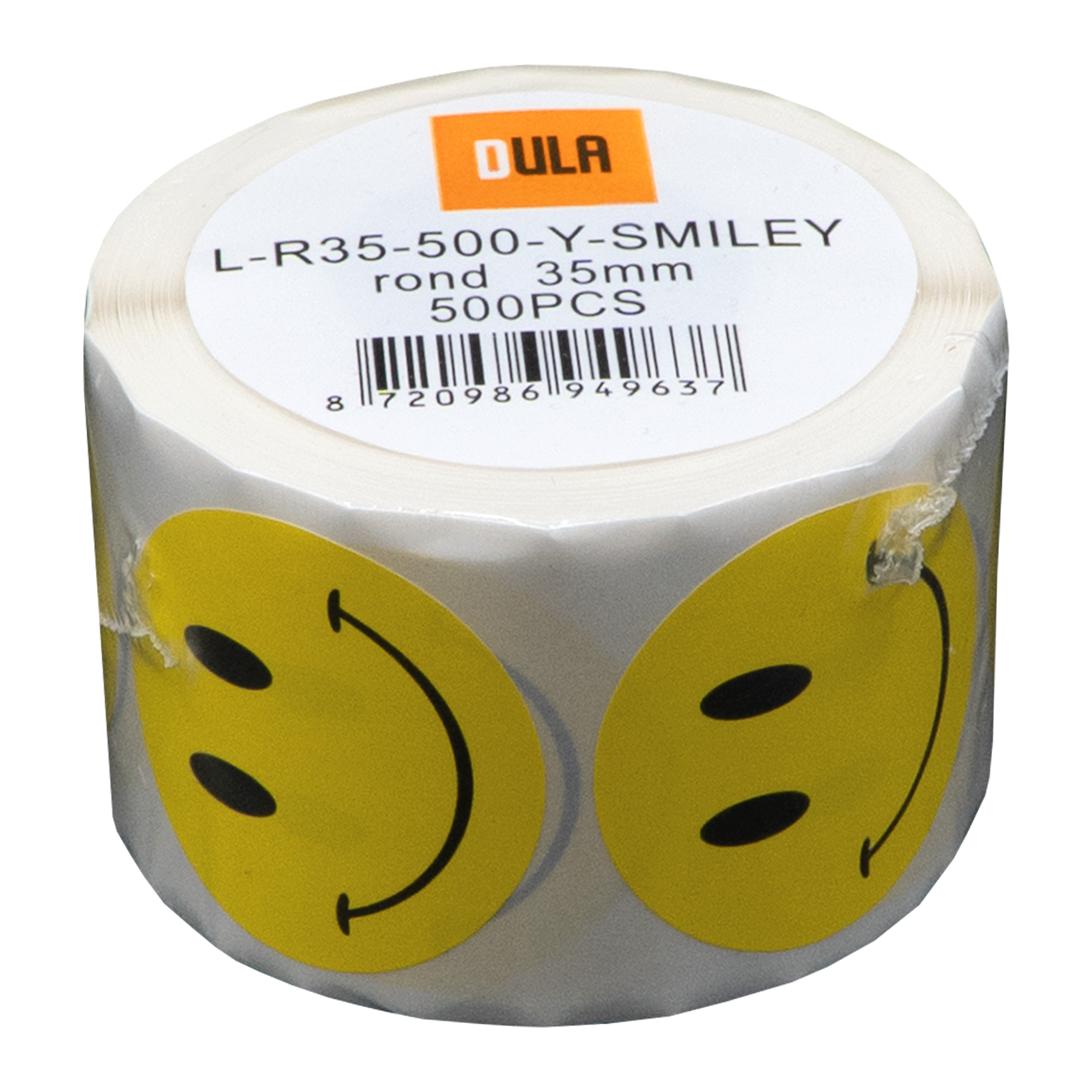 Een rol stickers met gele smiley-gezichten en zwarte ogen. De verpakking heeft tekst.
