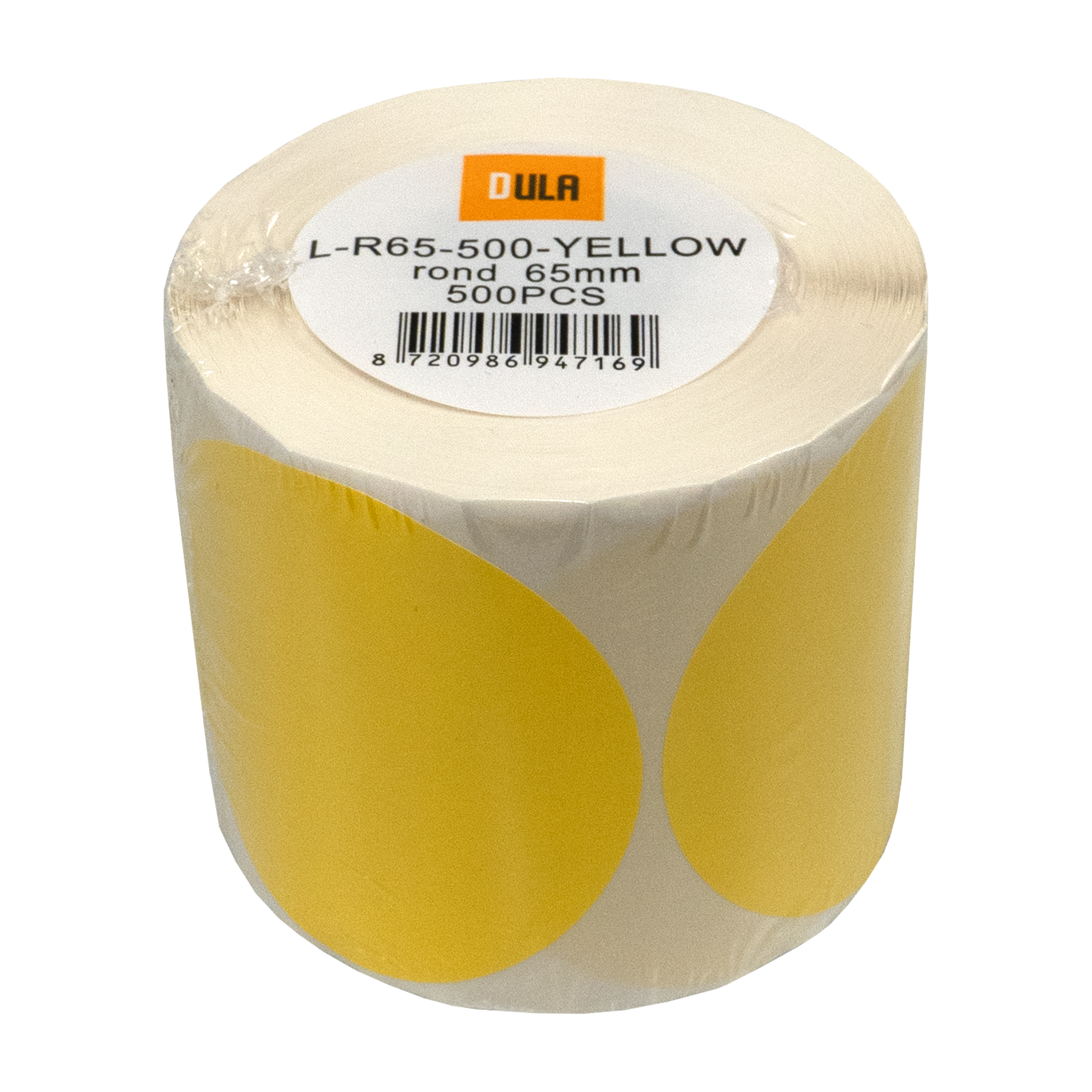 Een rol etiketten met gele en beige kleuren. Tekst op het etiket luidt: L-R65-500-YELLOW rond 65mm 500PCS.