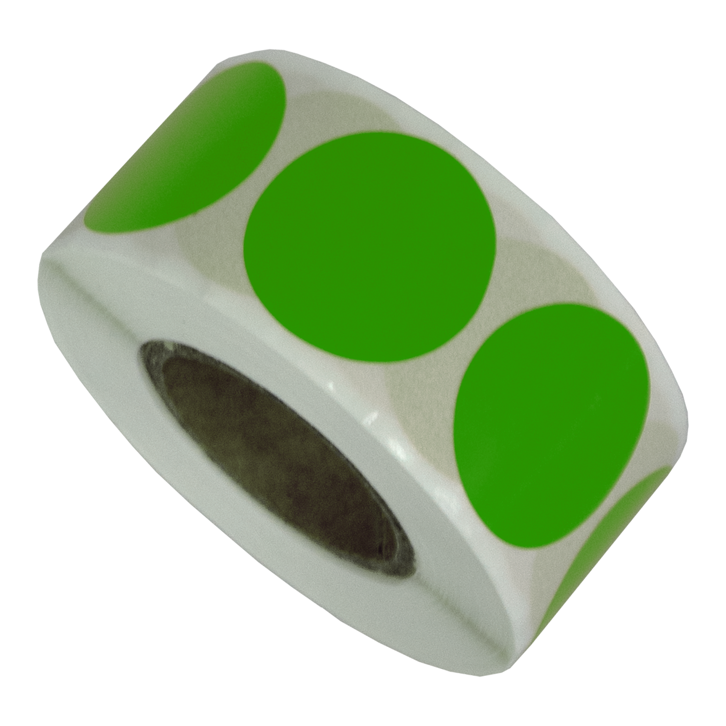 Een rol witte stickers met groene cirkels. De rol is schuin, met de randen en de kern zichtbaar.