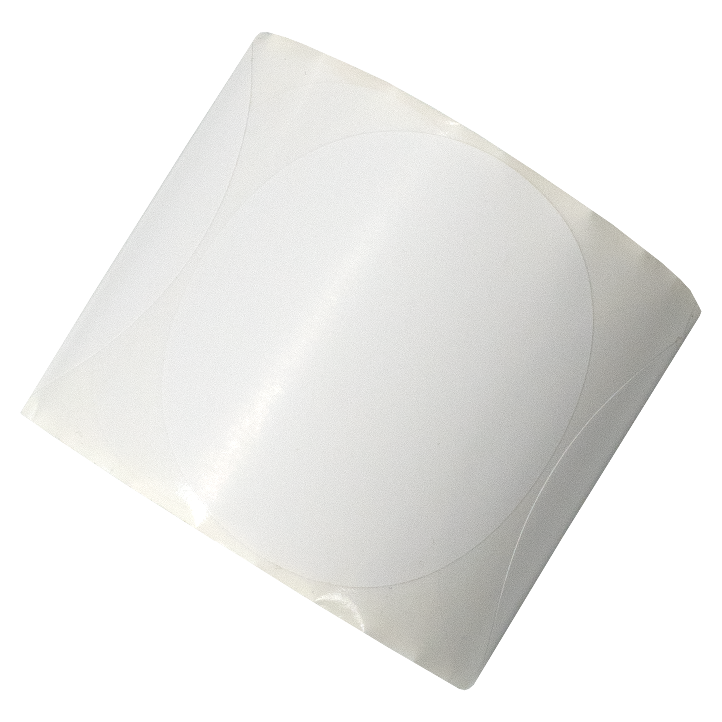 Een vel witte stickers. De stickers zijn rond en gerangschikt op een vel. Het vel is schuin.