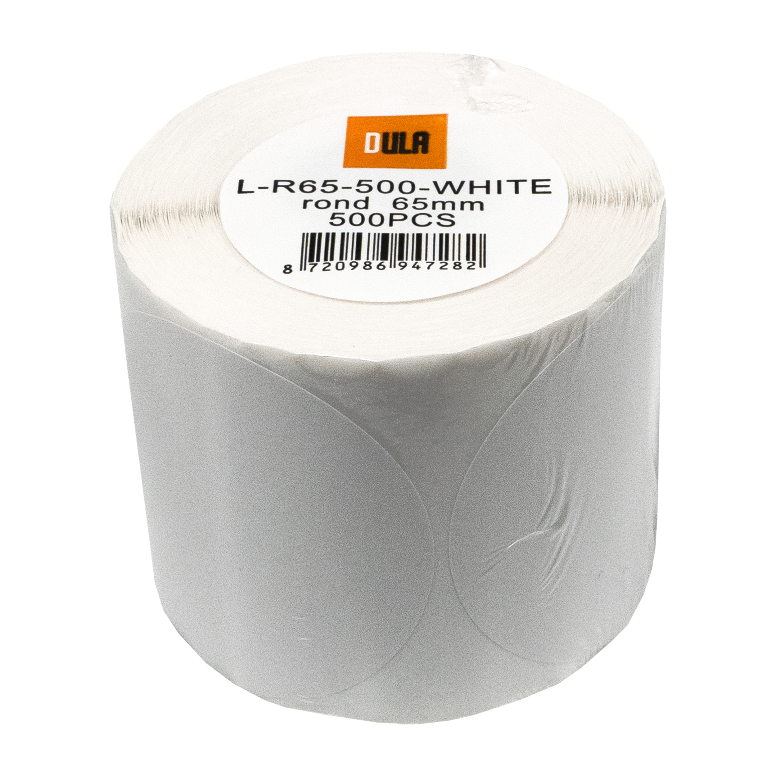 Een rol witte etiketten met een label met de merknaam en details. Het is verpakt in transparante plastic.