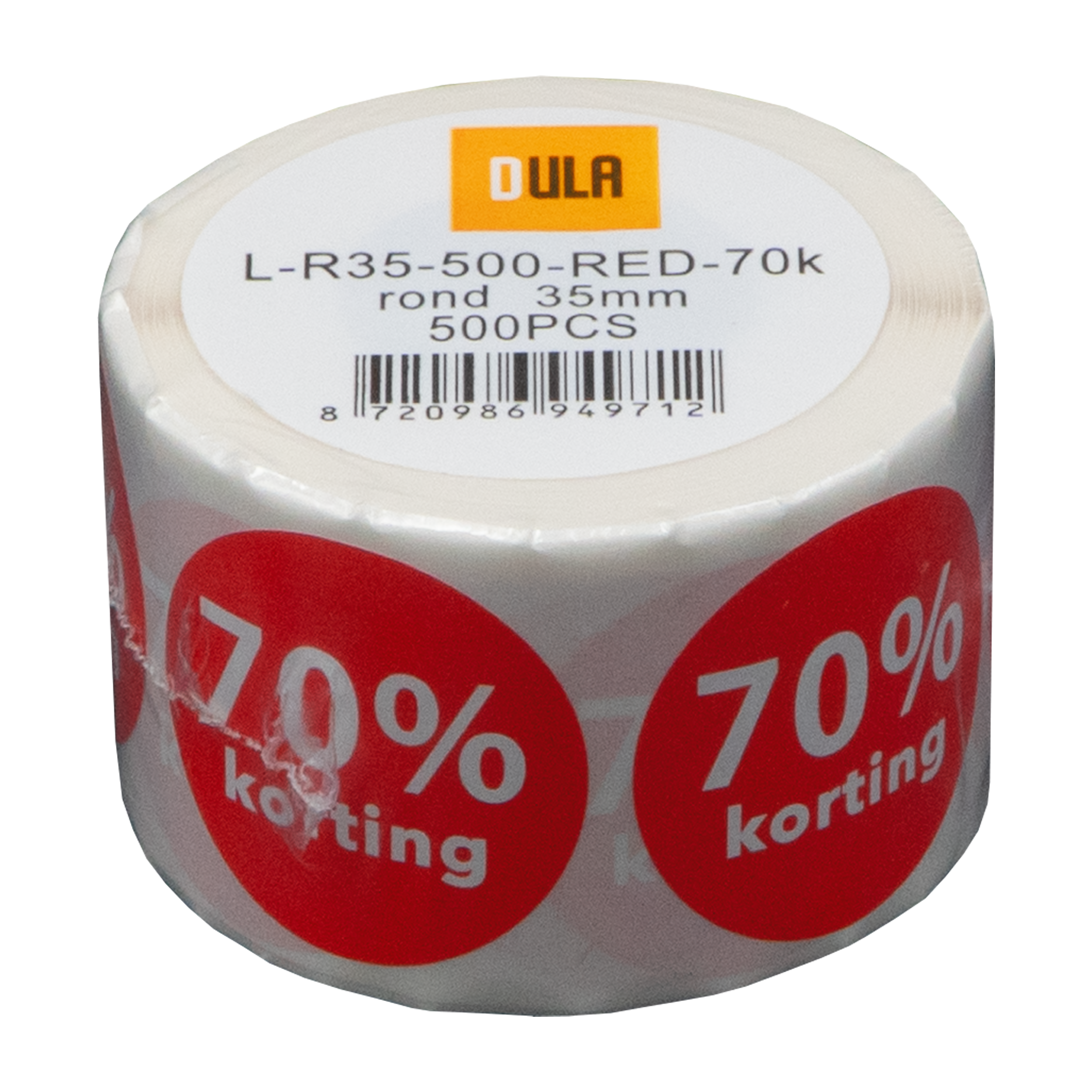Een rol witte etiketten met rode cirkels. Elke heeft '70% korting'. Bovenop staat 'DULA' en productdetails.