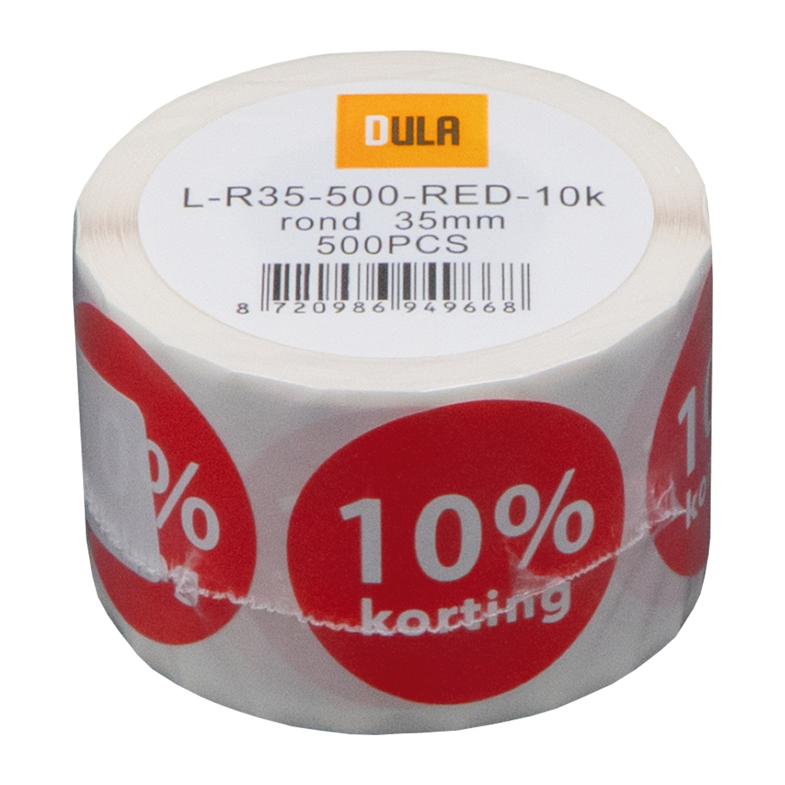 Een rol witte stickers met rode cirkels, met 10% korting. Het Dula-logo staat bovenaan.