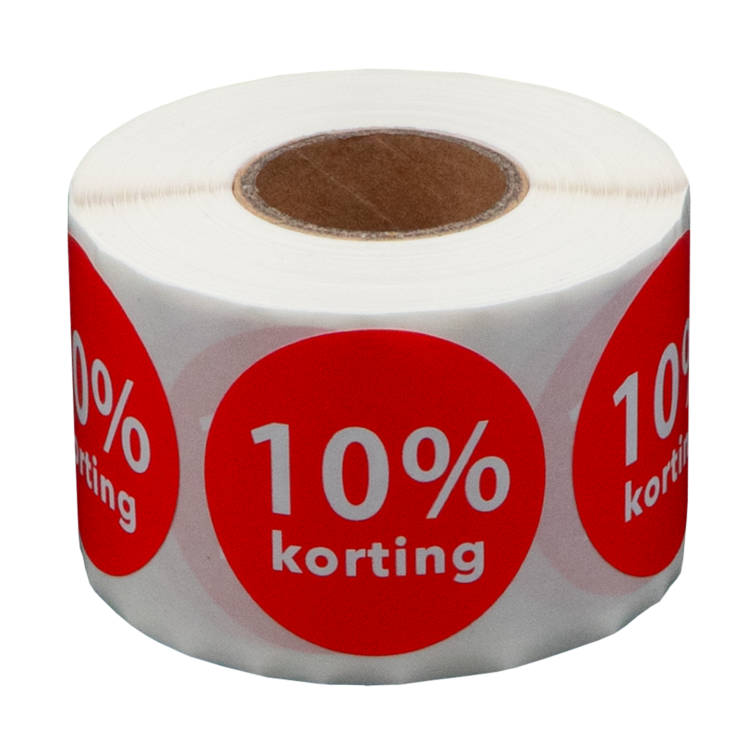 Een rol stickers met rode cirkels. Elk heeft '10% korting' in witte tekst.