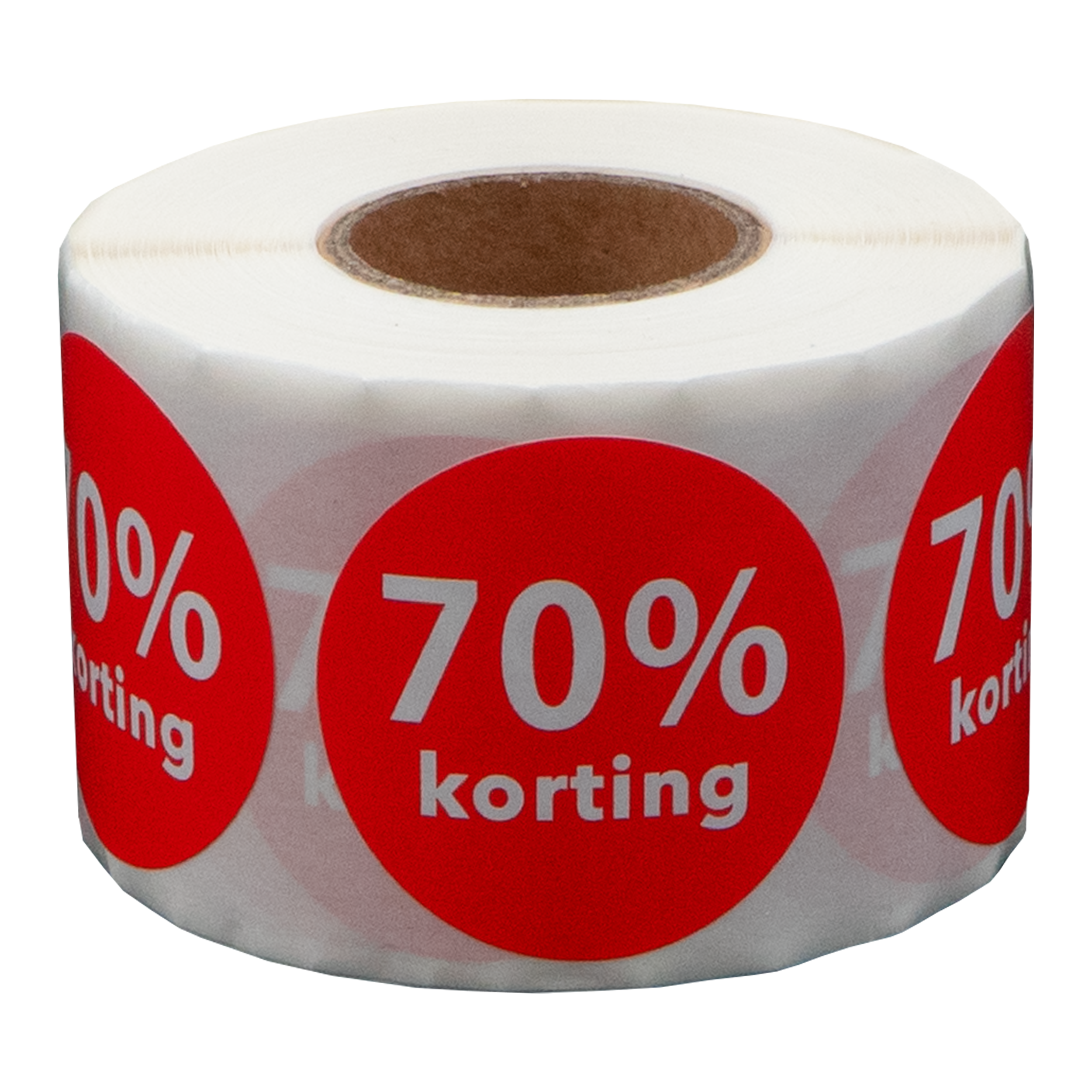 Een rol witte etiketten met rode cirkels. Elke cirkel heeft een witte 70% en het woord 'korting'.