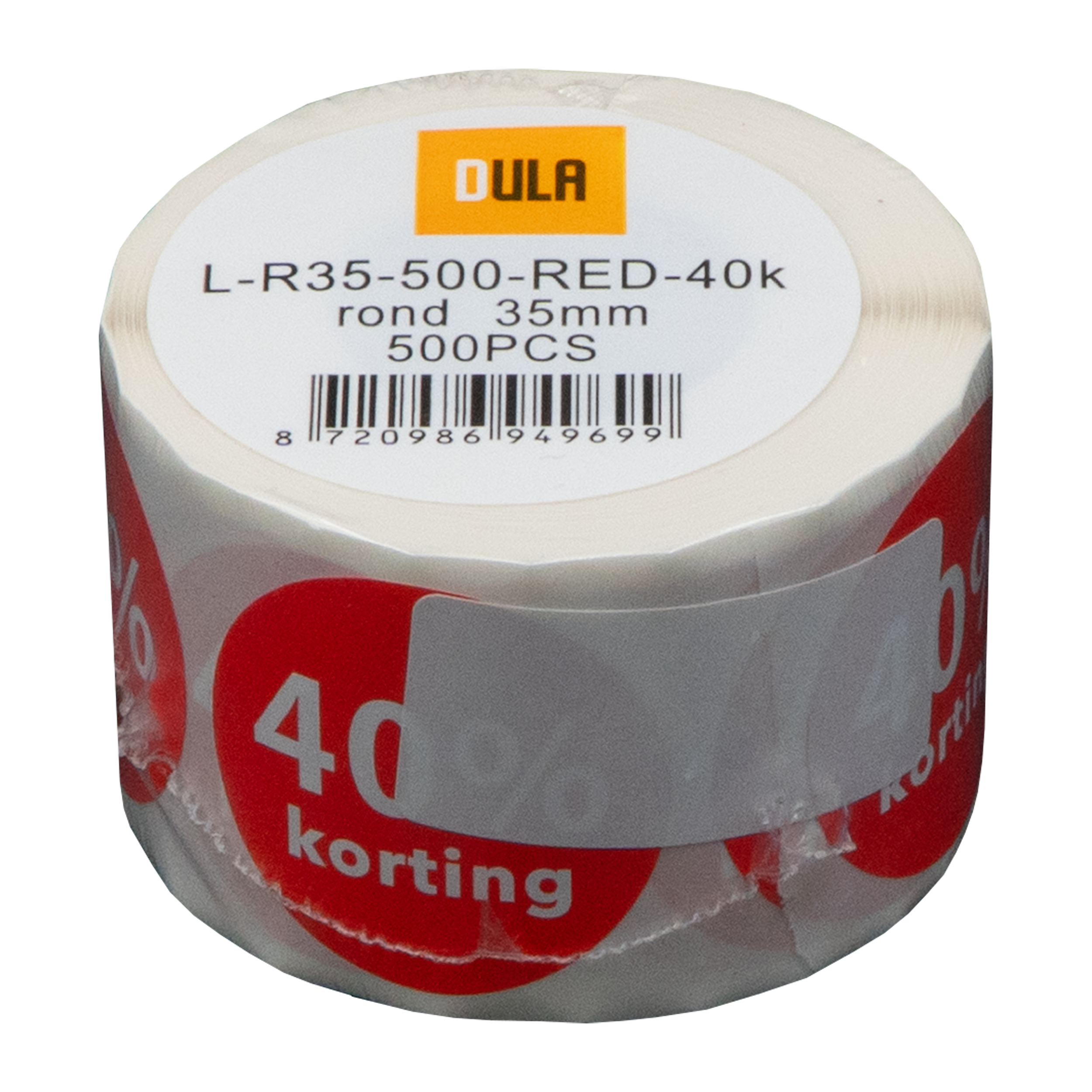 Een rol witte stickers. De stickers hebben rode cirkels met de tekst '40 korting'. Een geel logo staat bovenaan.