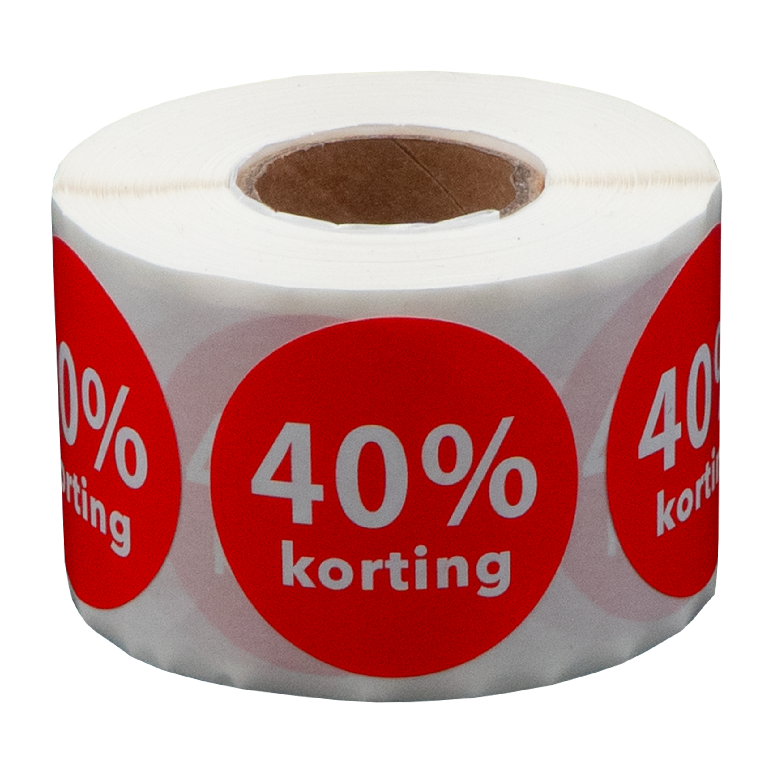 Een rol witte stickers met rode cirkels. Elke cirkel heeft een witte tekst '40%' en 'korting'.