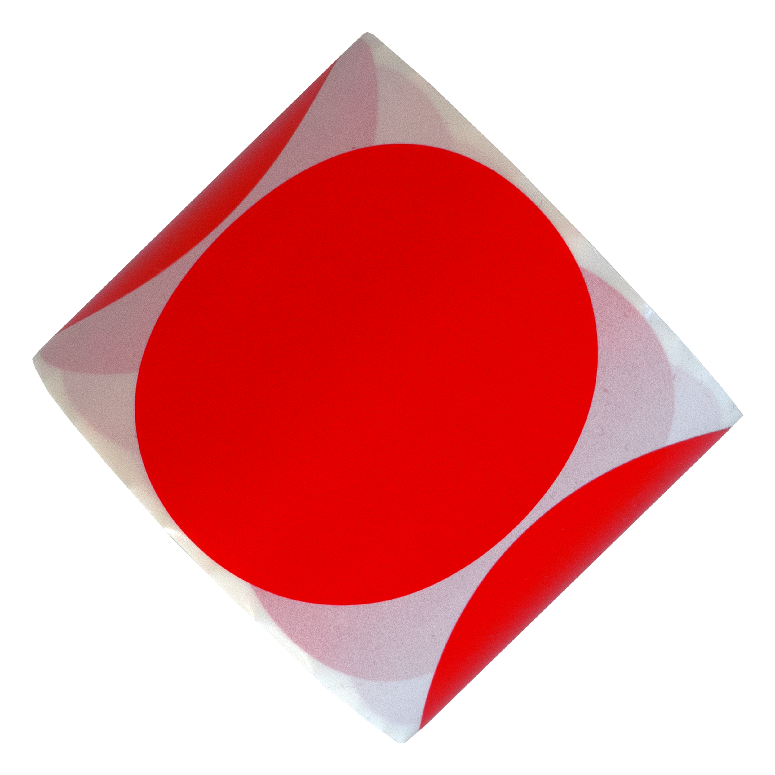 Een rode cirkelsticker is gecentreerd op een vierkant van helder en wit materiaal, tegen een witte achtergrond.