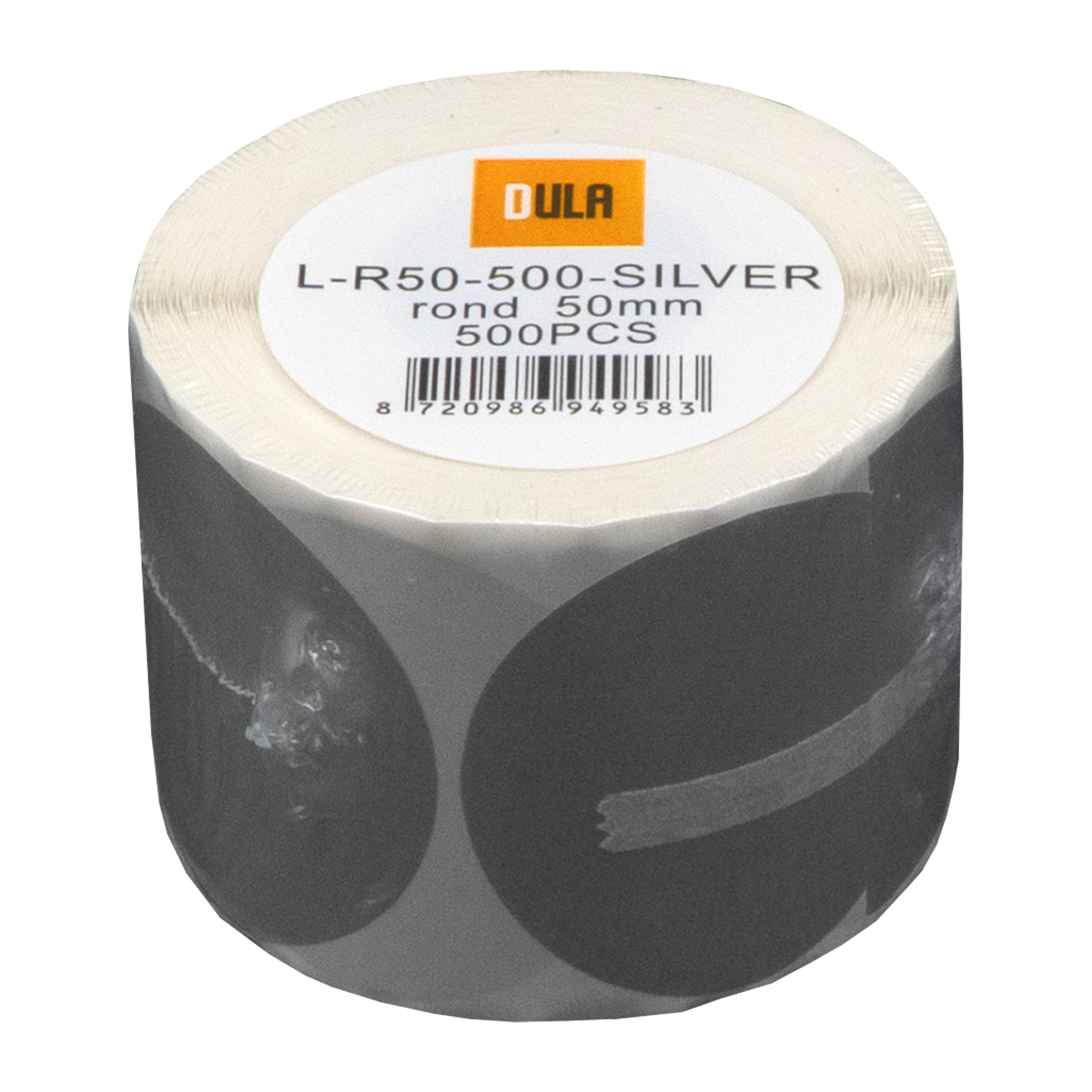 Een rol zilveren ronde stickers. Het label zegt L-R50-500-SILVER, 50mm, 500PCS.