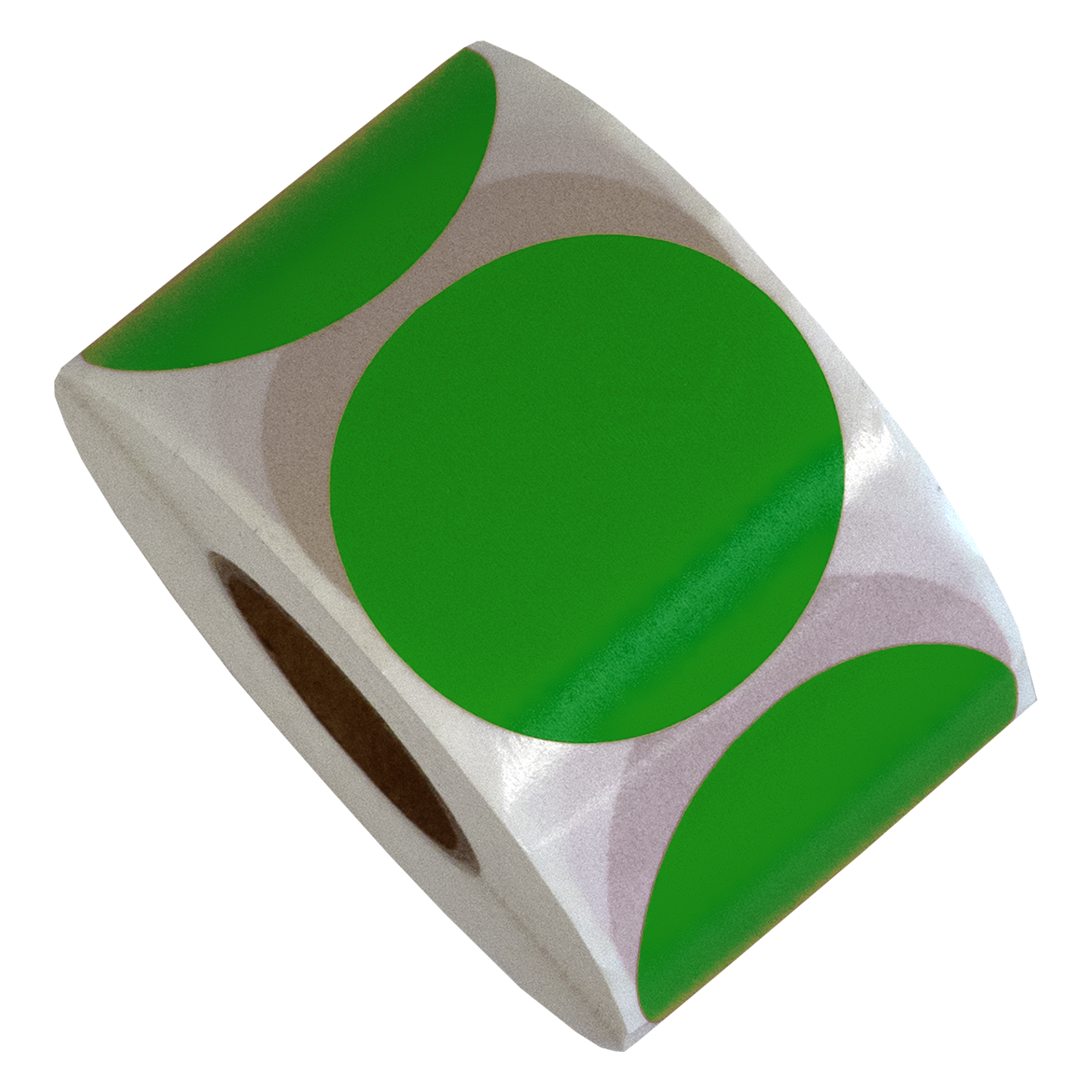 Een rol groene ronde stickers, met een bruine binnenkern. De rol staat schuin en toont de zijkanten en bovenkant.
