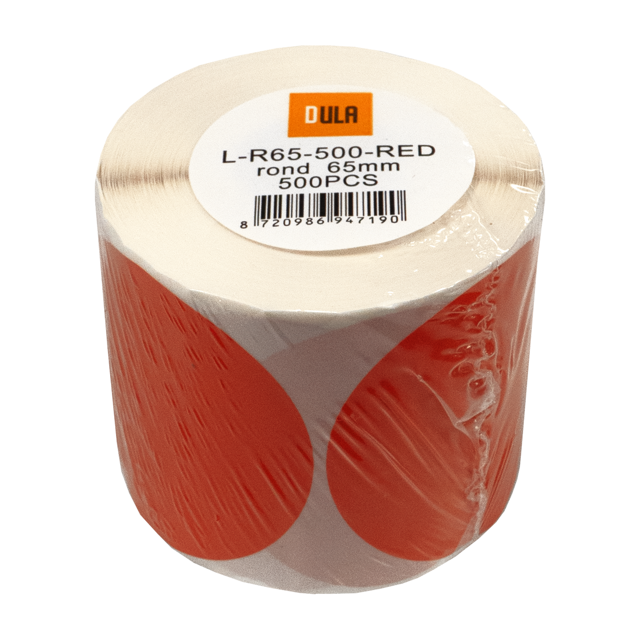 Een rol rode ronde stickers in plasticfolie. Het label zegt 'L-R65-500-RED rond 65mm 500PCS'.