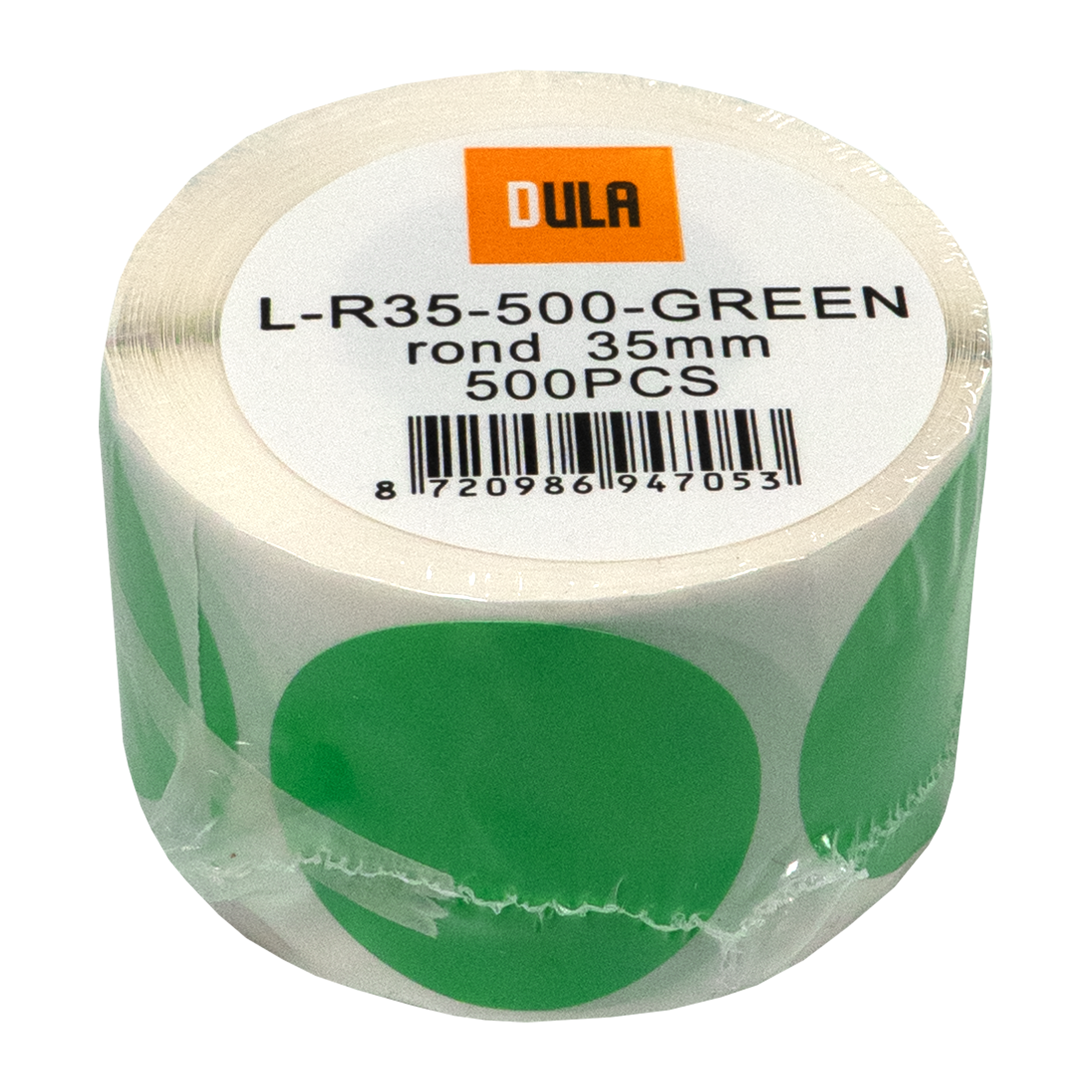 Een rol groene ronde stickers met een witte achtergrond en een DULA-logo.