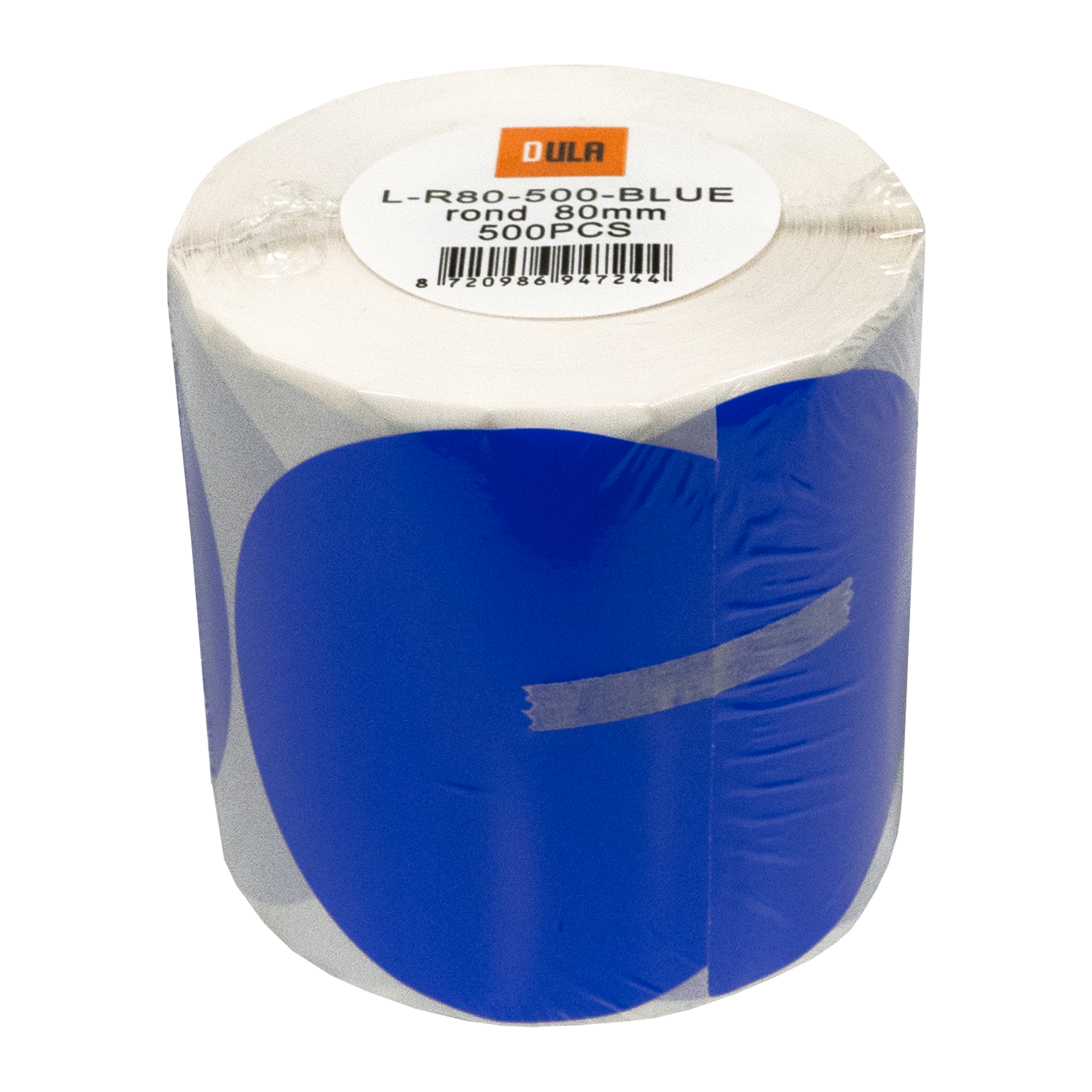 Een rol blauwe etiketten in plastic verpakking. Het etiket bovenaan luidt: L-R80-500-BLUE, rond 80mm, 500PCS.
