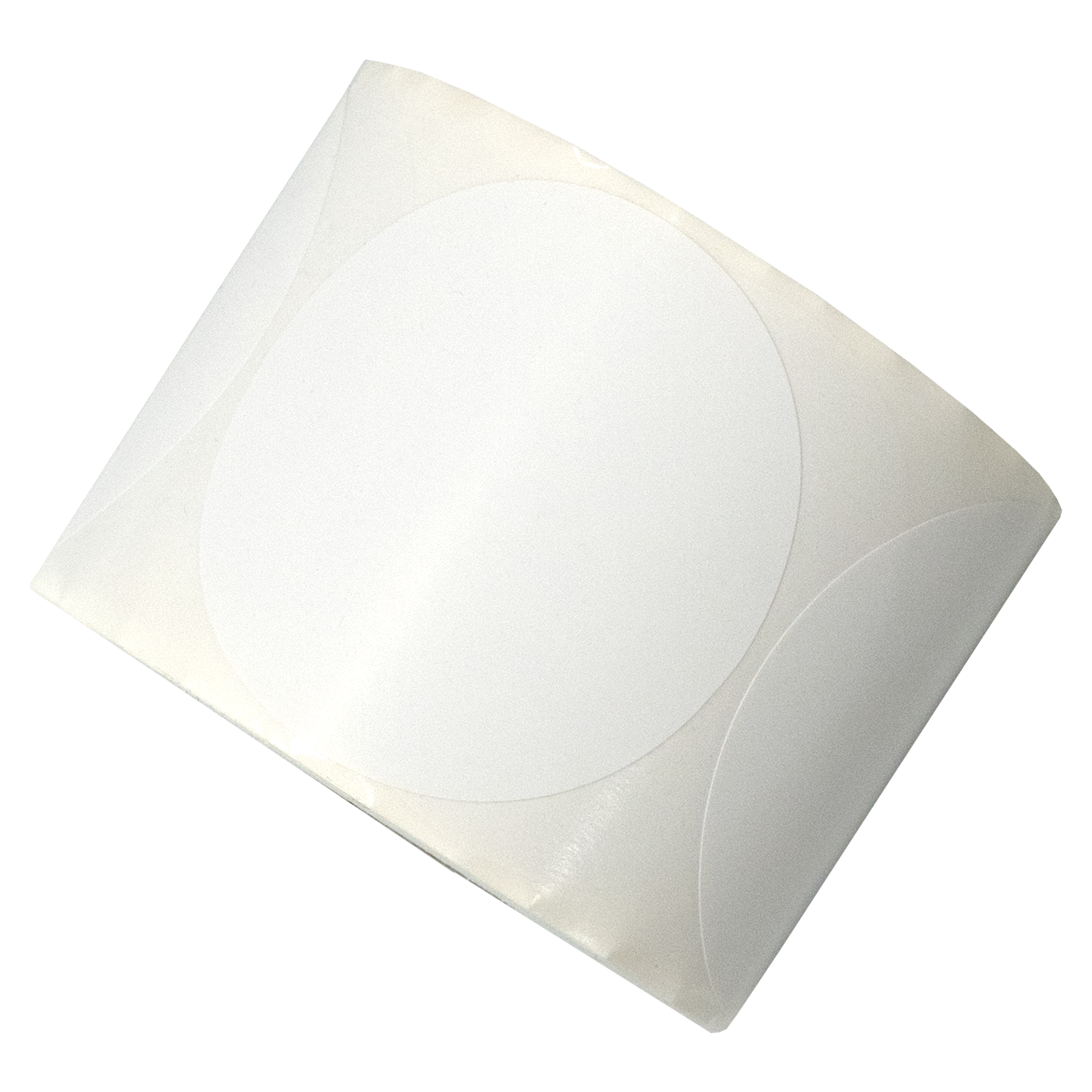 Een rol witte, cirkelvormige stickers wordt getoond, gedeeltelijk uitgerold, met een witte achtergrond.