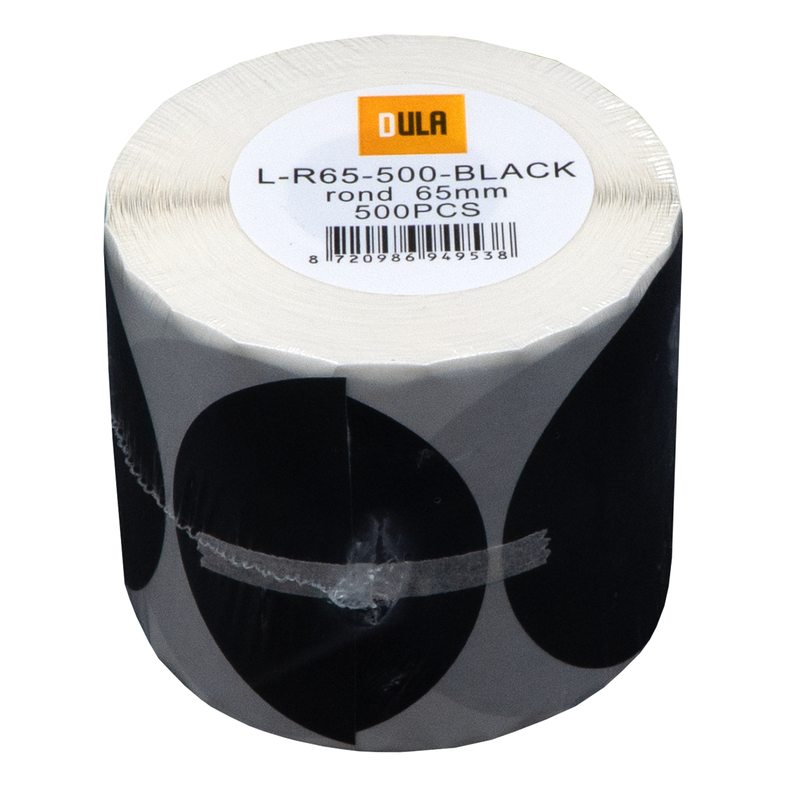Een rol zwarte ronde stickers. Het label luidt: L-R65-500-BLACK rond 65mm 500PCS. Het merk is DULA.