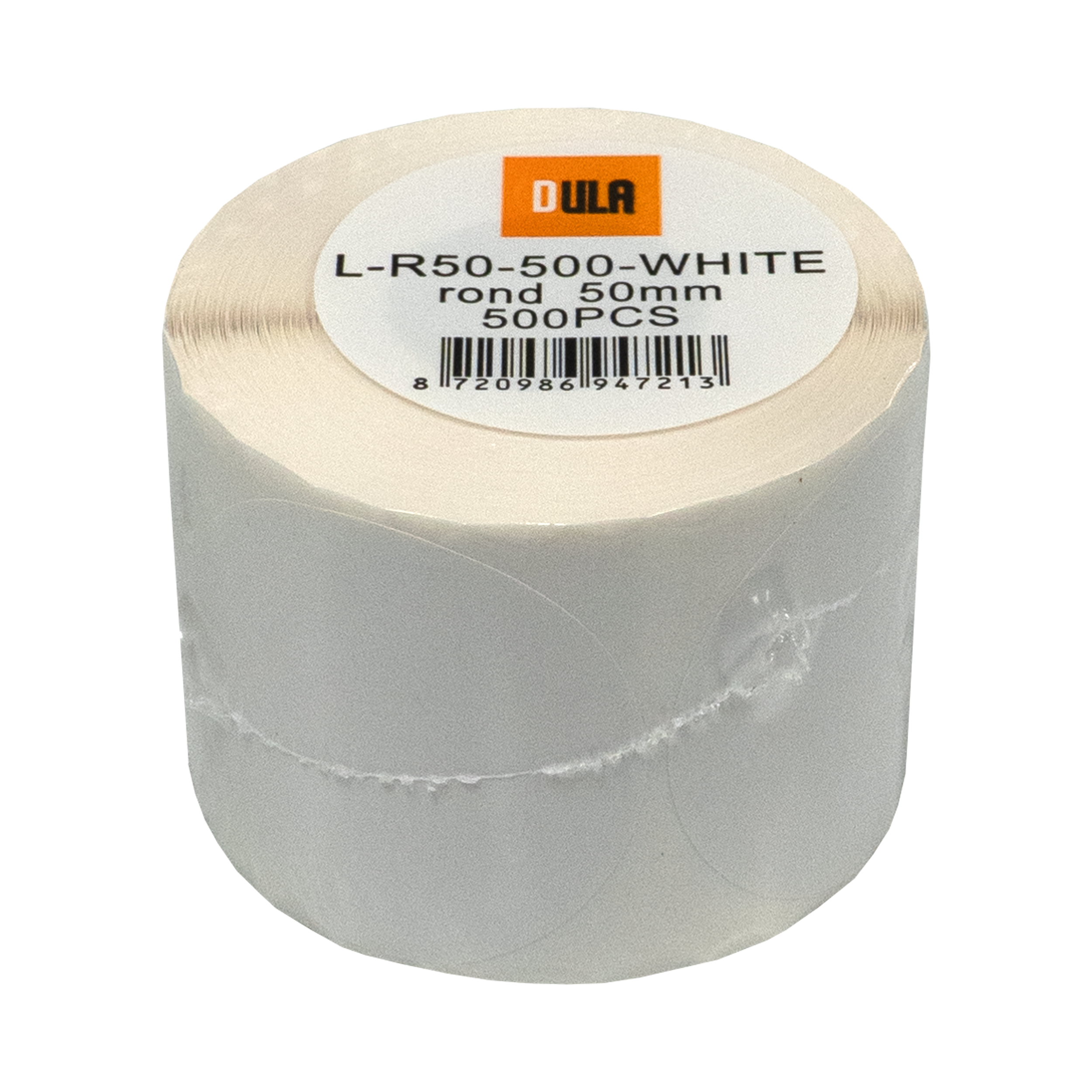 Een rol witte etiketten met tekst en barcode. De merknaam DULA is zichtbaar.