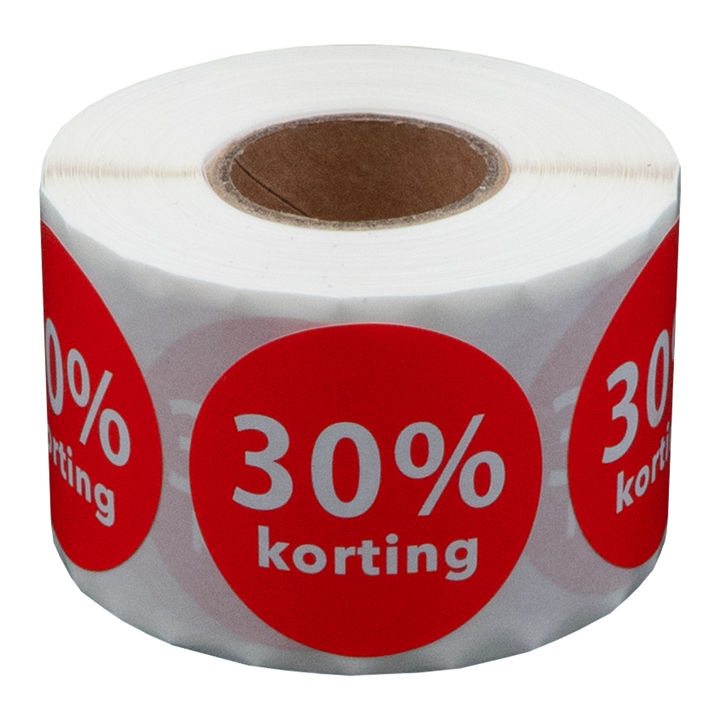 Rol etiketten met rode cirkels. Elke heeft '30% korting' in witte tekst, wat 30% korting betekent.