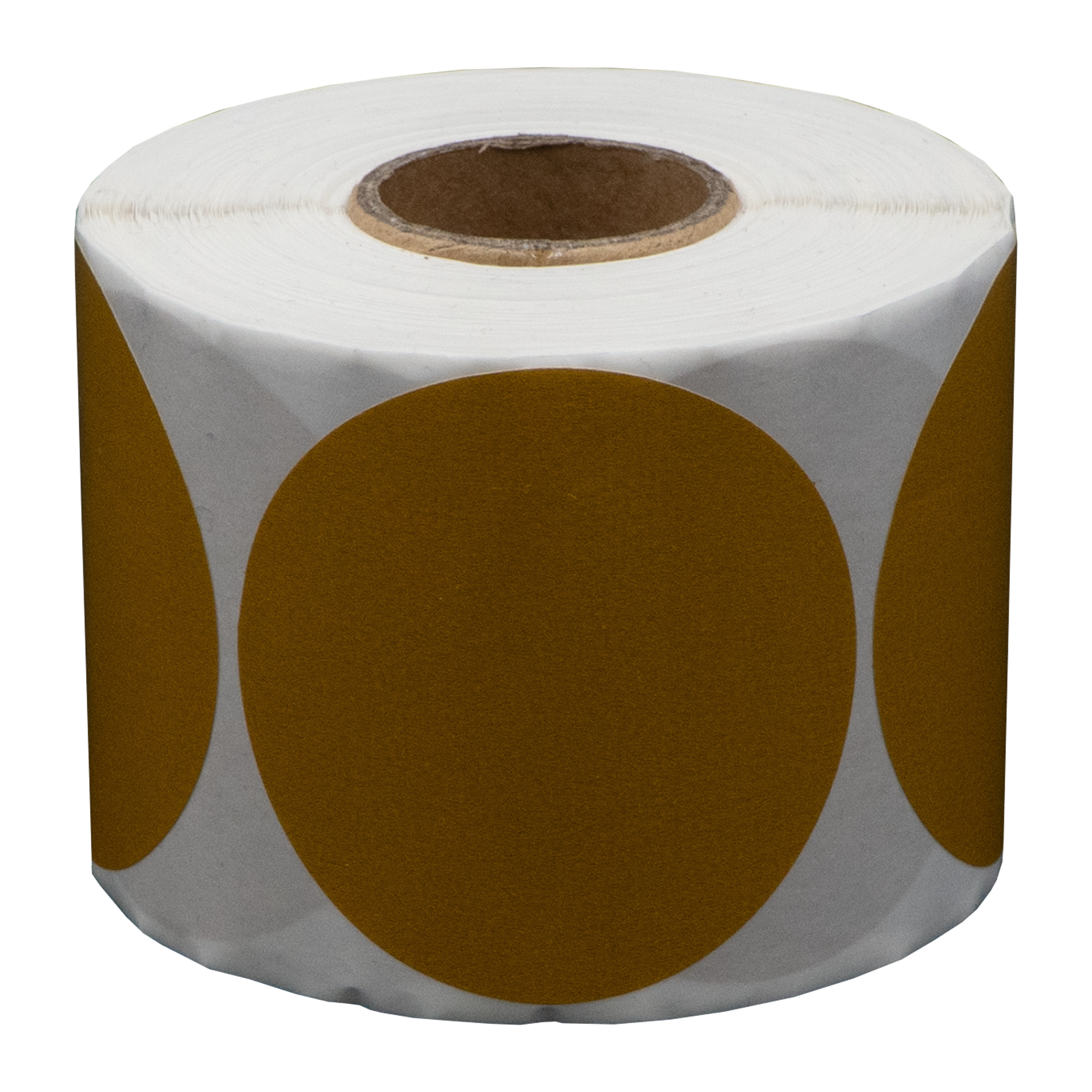 Een rol wit papier met bruine ronde stickers aan de buitenkant. Het midden is een kartonnen buis.
