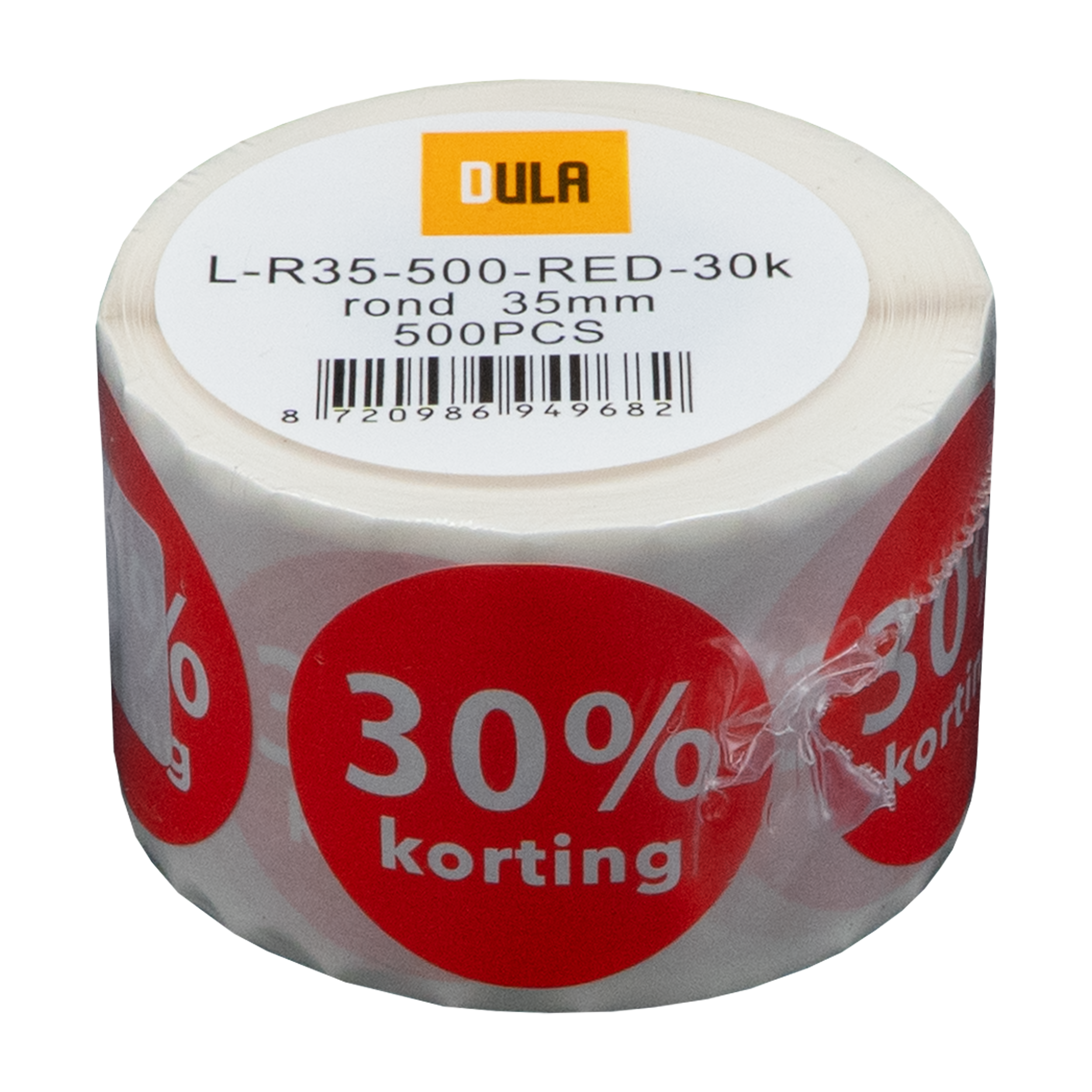 Een rol witte stickers met rode 30% korting labels. De labels zijn rond en hebben witte tekst.