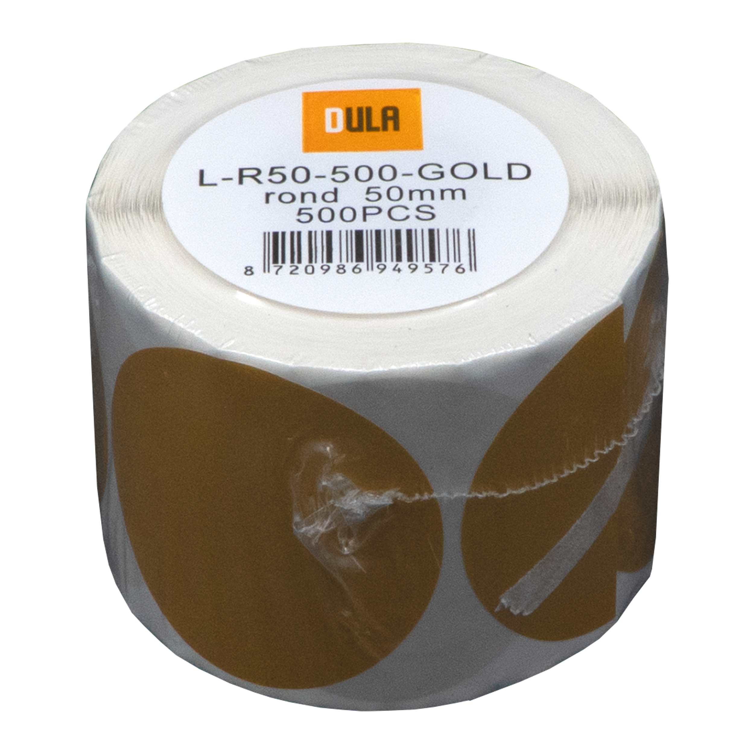 Een rol goudkleurige ronde stickers. Het label toont productdetails en het merk DULA.