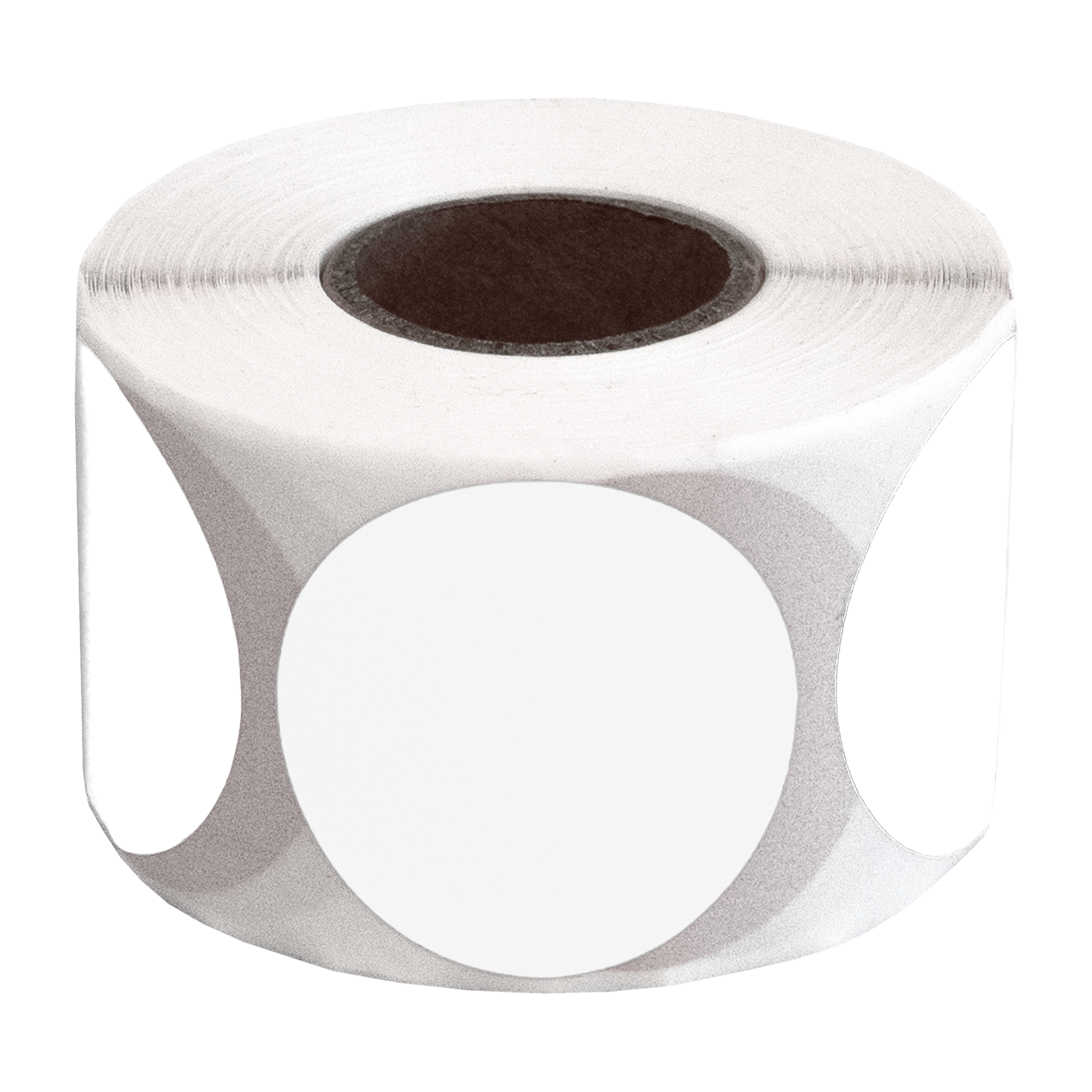 Een rol witte, ronde stickers met een bruine binnenkern. De stickers zitten op een rol.