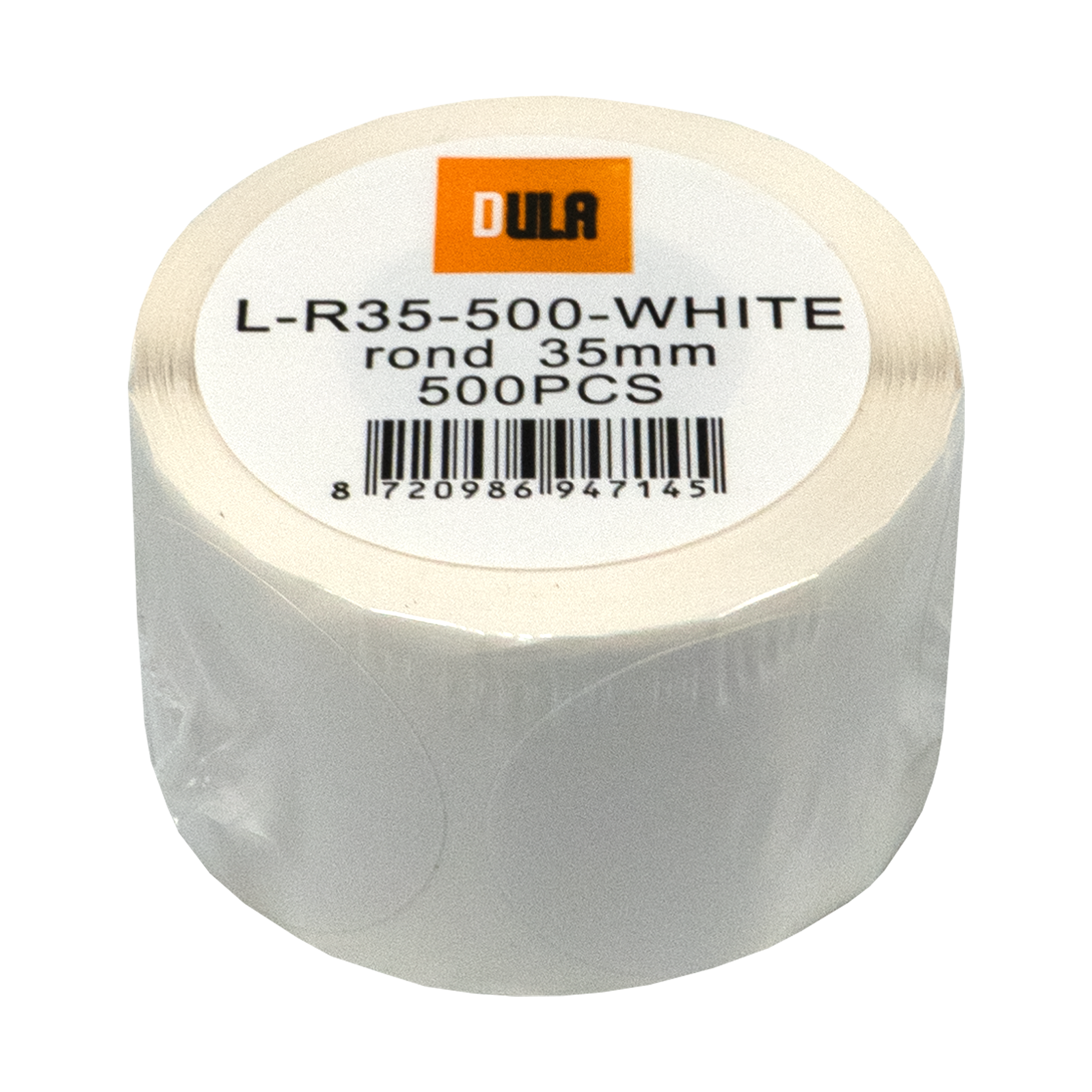 Een rol witte etiketten met zwarte tekst: L-R35-500-WHITE, rond 35mm, 500PCS. DULA logo bovenaan.