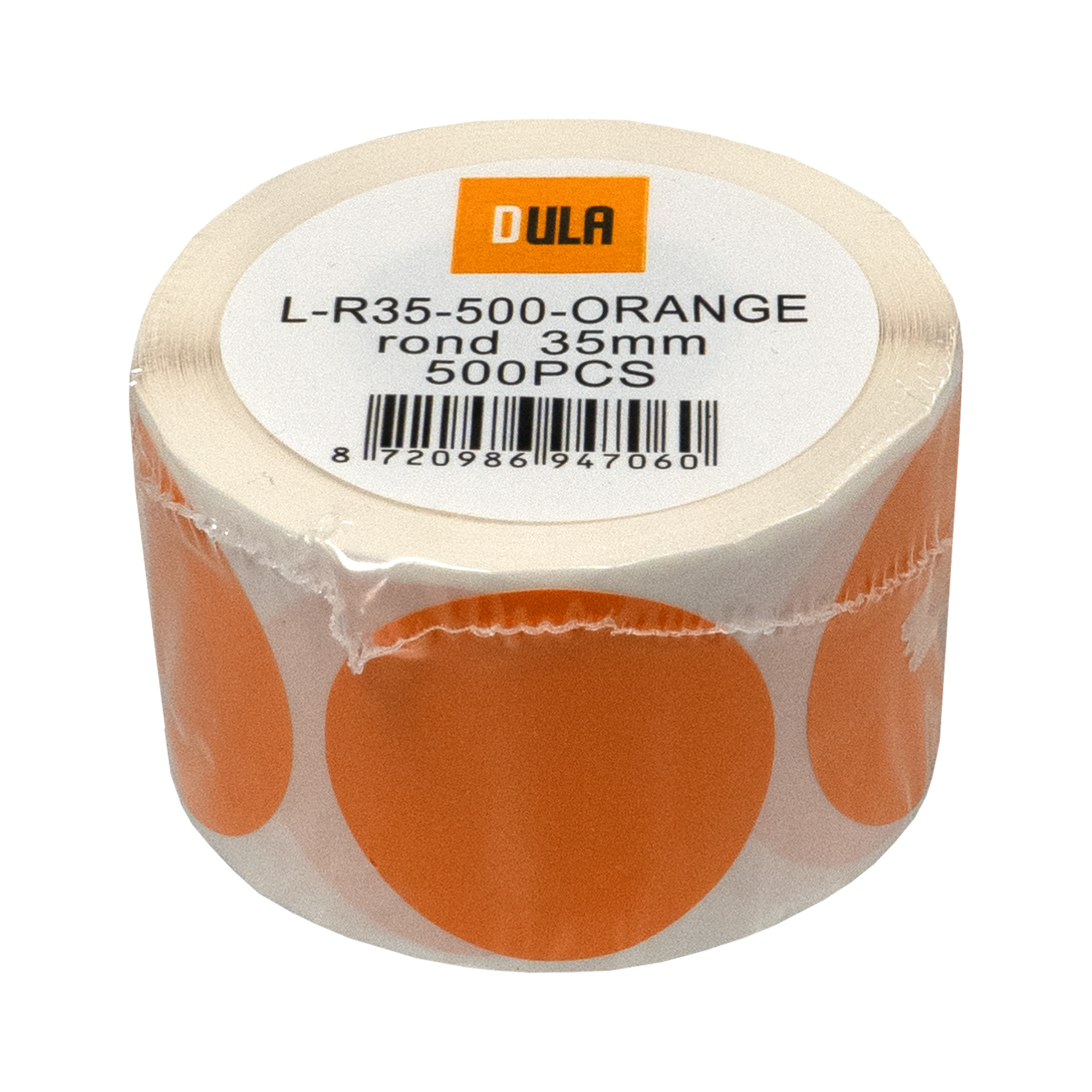 Rol oranje etiketten met witte achtergrond. Tekst bevat 'DULA', 'L-R35-500-ORANGE' en '500PCS'.