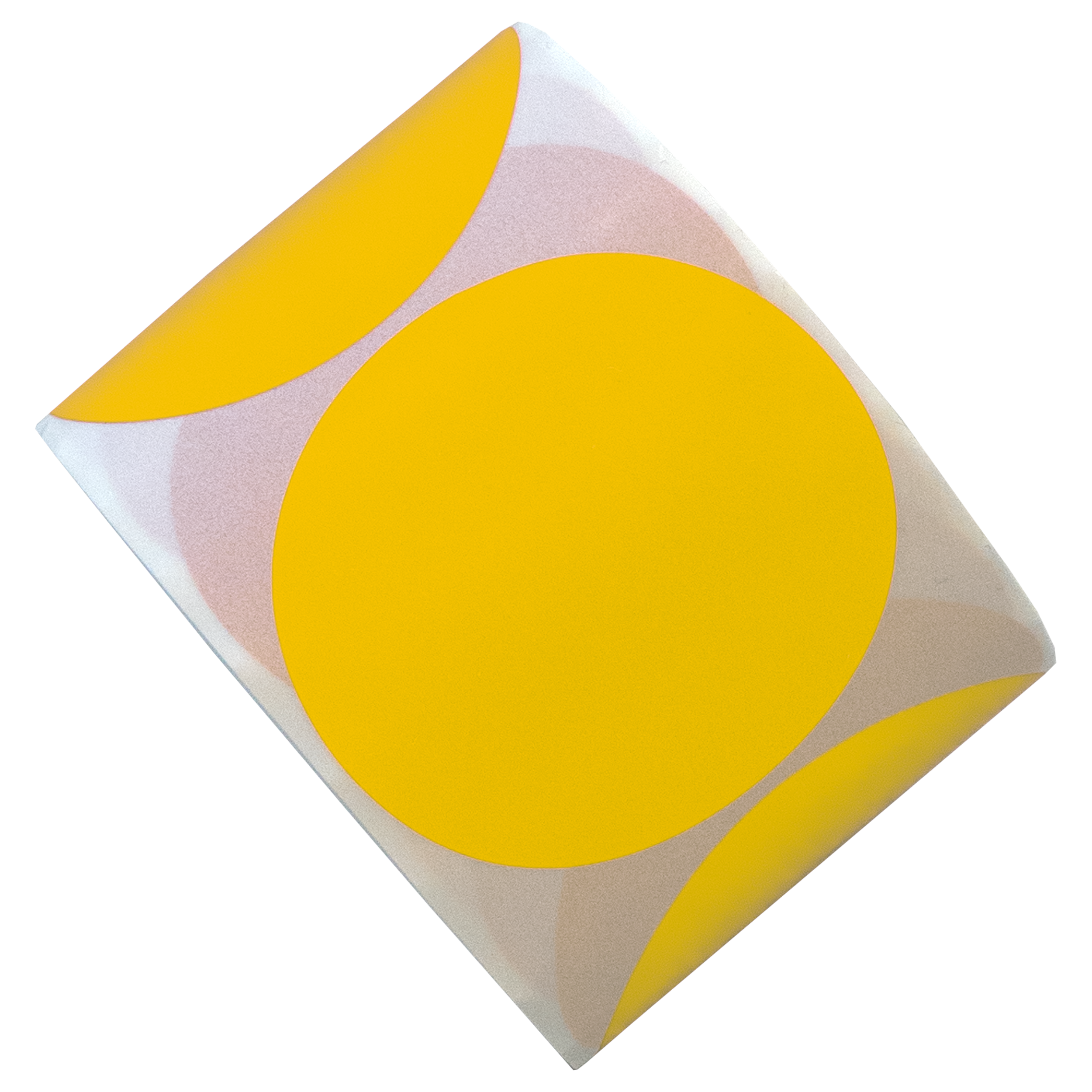 Een schuin vel met grote gele cirkels die een lichtbruin oppervlak overlappen, tegen een witte achtergrond.