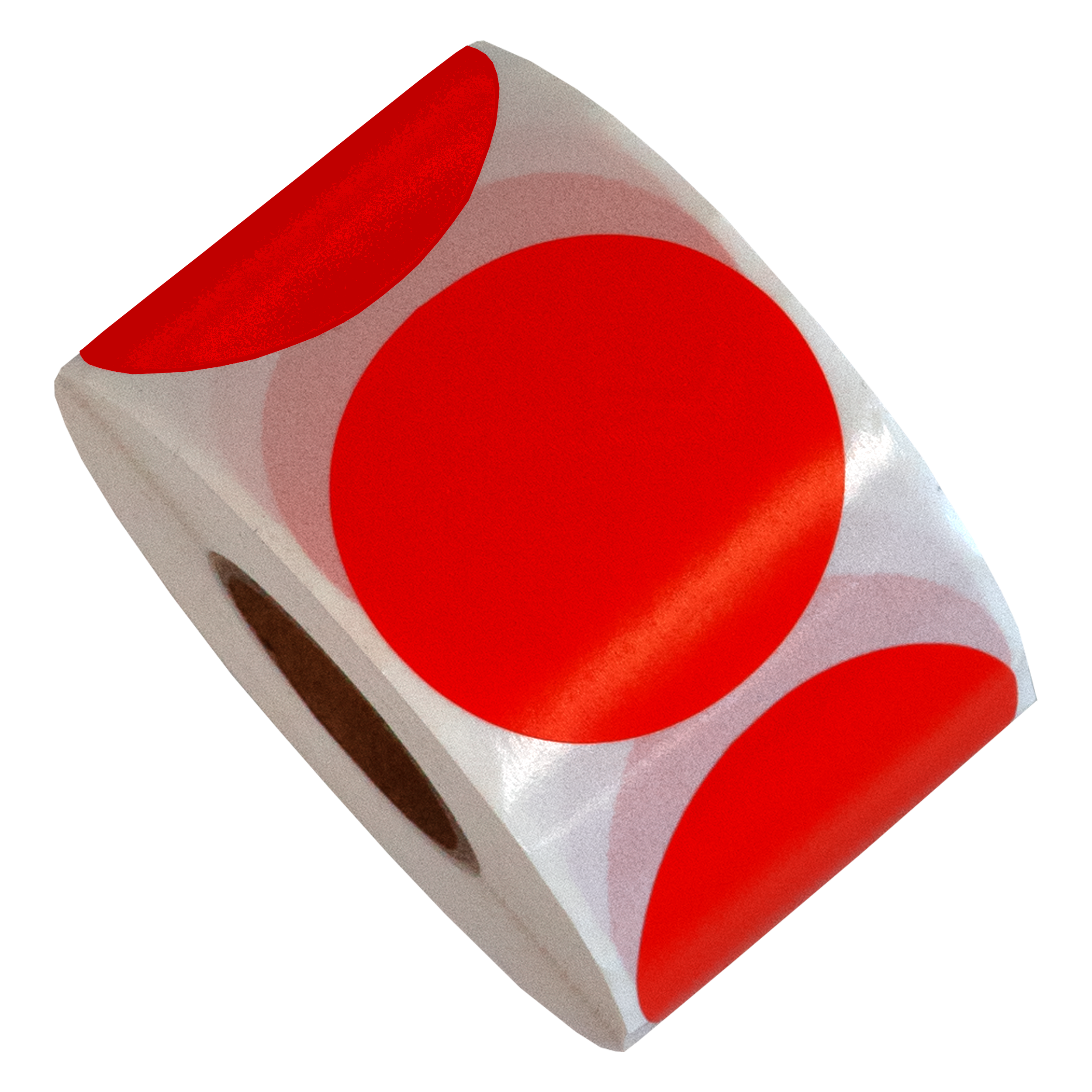 Een rol stickers met rode cirkels op een witte en grijze achtergrond. De rol staat op een witte achtergrond.