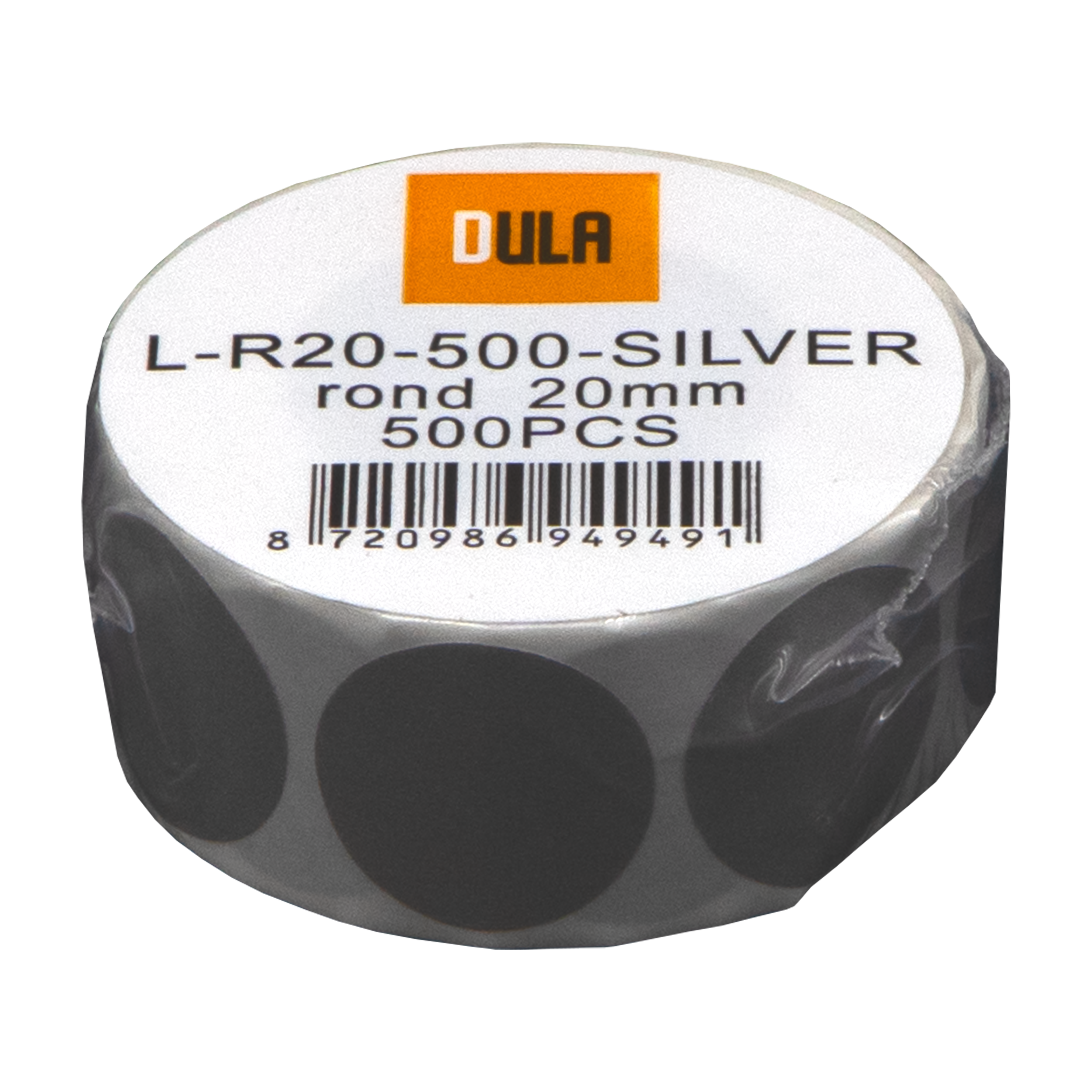 Een rol zilveren stickers met zwarte cirkels. Het label luidt: L-R20-500-SILVER, 20mm, 500PCS. Het merk is DULA.