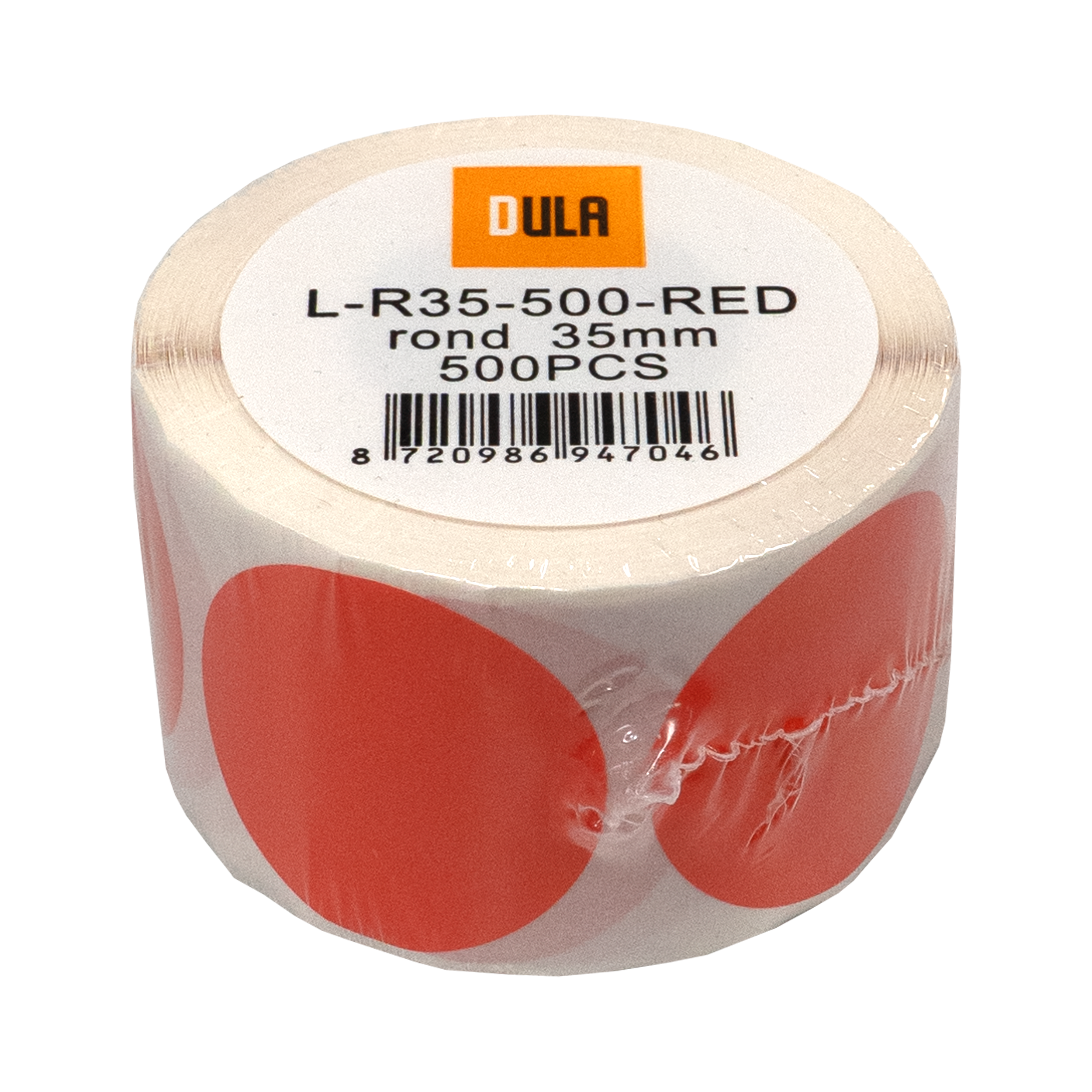 Een rol rode cirkelstickers in plastic. Het label zegt L-R35-500-RED.