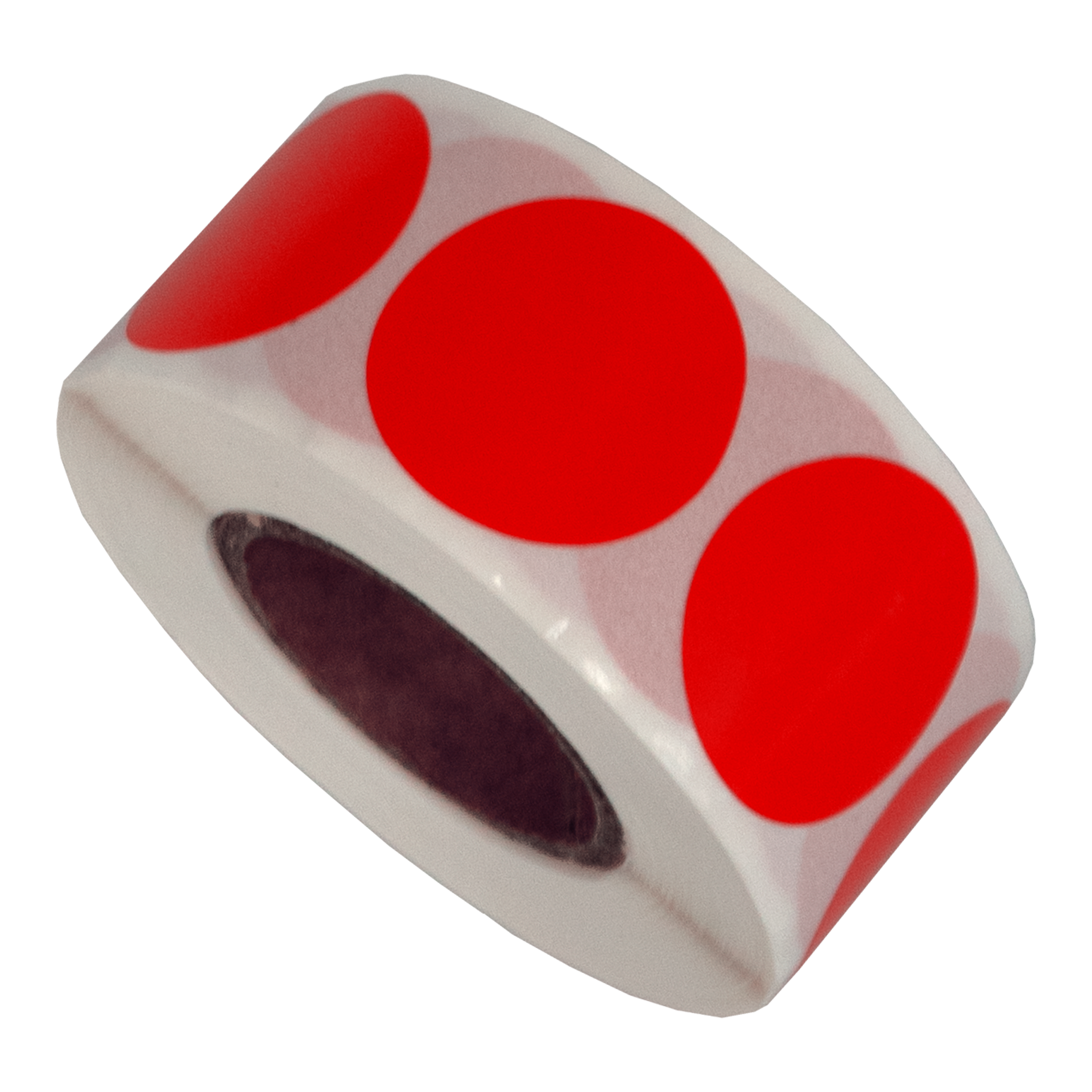 Een rol witte stickers met rode cirkelpunten. Aan de zijkant is een donkerbruine opening zichtbaar.