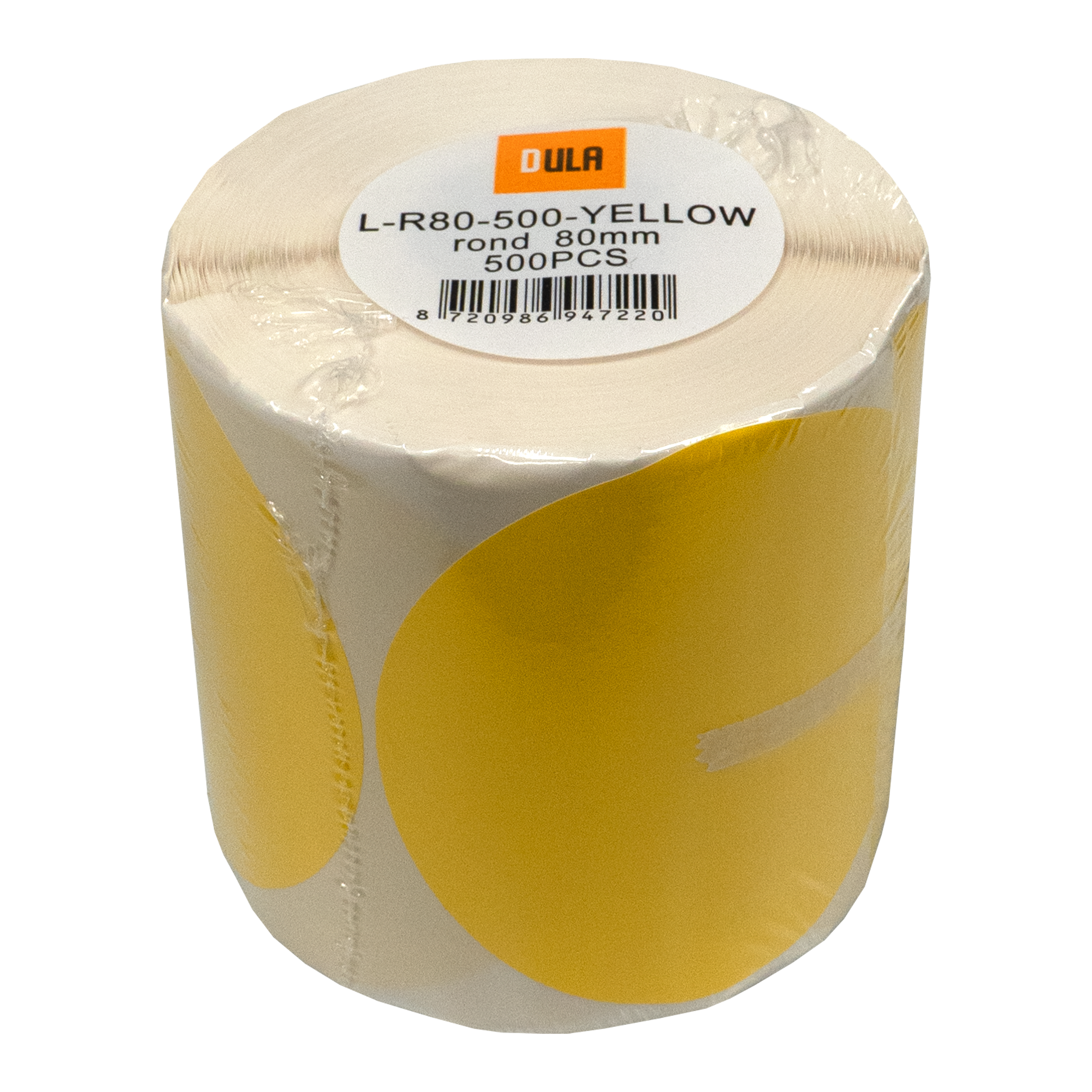 Een rol gele etiketten op een witte achtergrond. Het etiket zegt L-R80-500-YELLOW, 80mm, 500PCS.