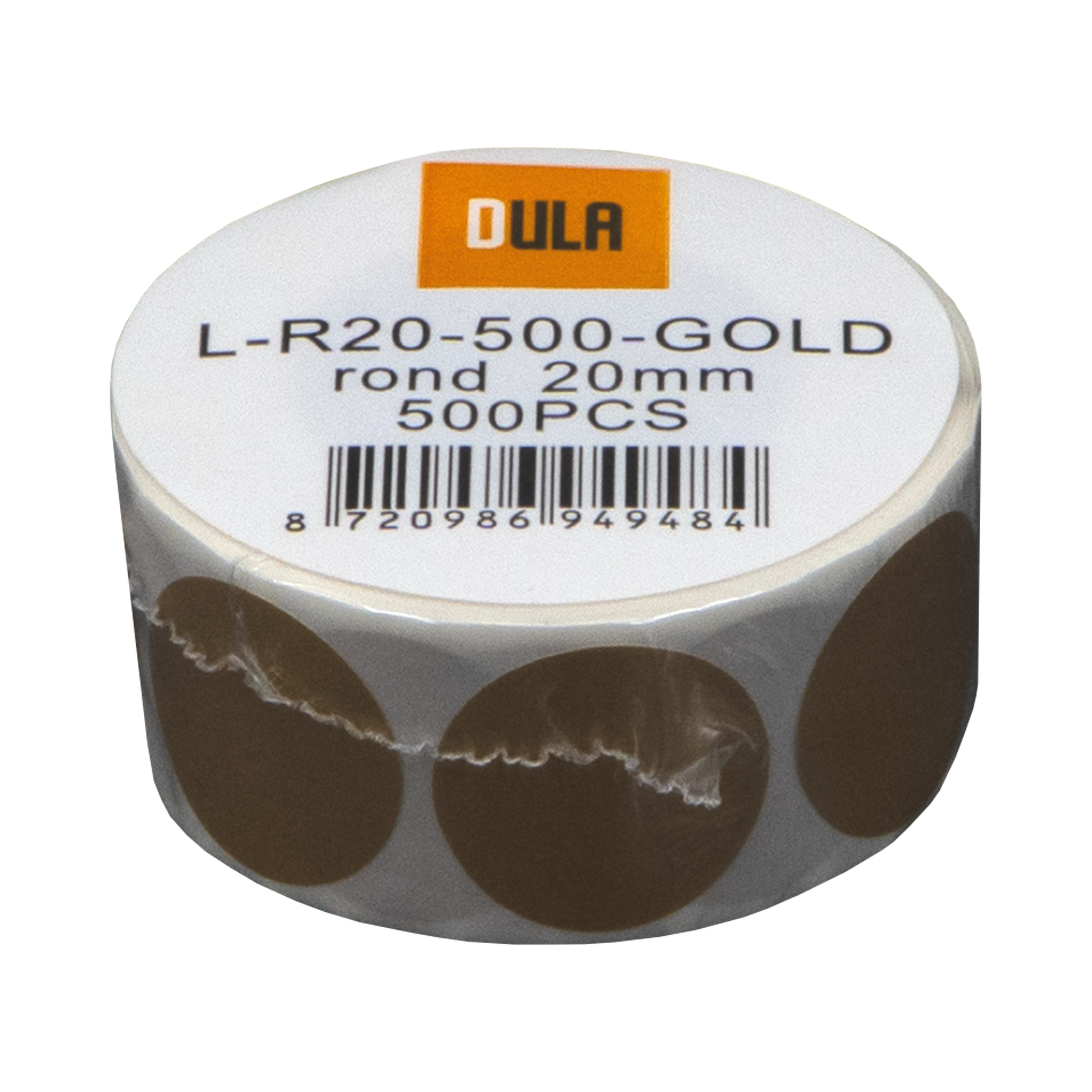 Een rol gouden ronde stickers met productinformatie, inclusief het merk DULA en een barcode.