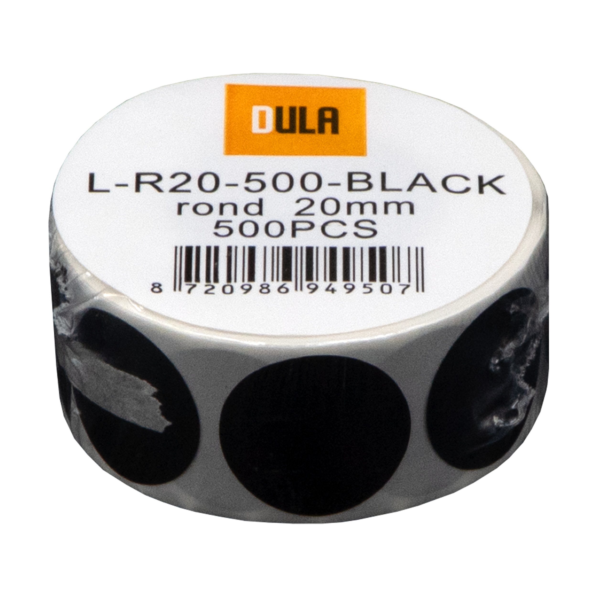 Een rol zwarte ronde stickers. Het label zegt L-R20-500-BLACK, rond 20mm, 500PCS. Het merk is DULA.