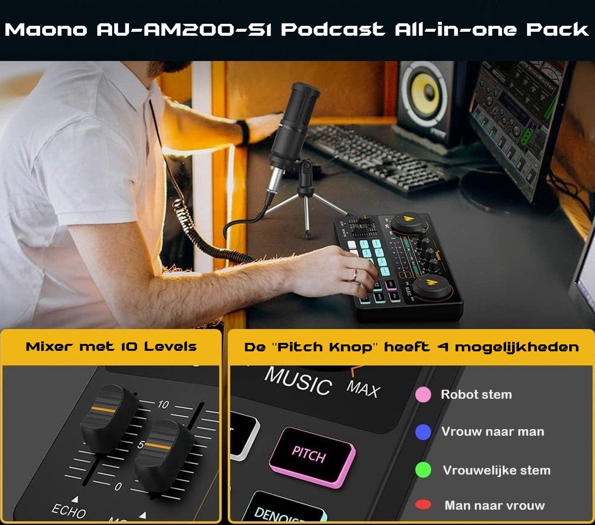 Een persoon gebruikt een podcast-opstelling. Het omvat een microfoon, een audiomixer en een computer. Details tonen de bedieningselementen van de mixer.