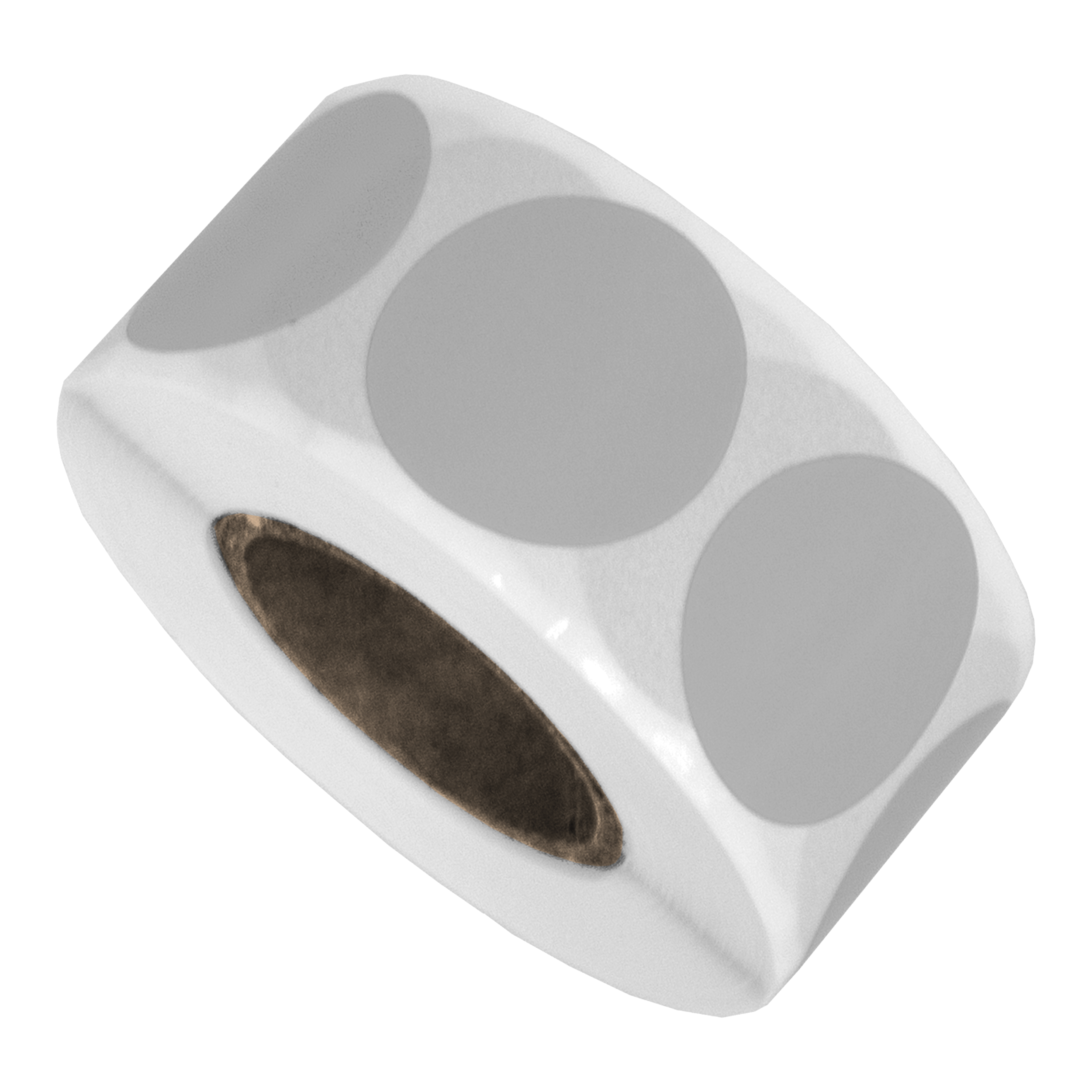 Een rol witte stickers met grijze cirkels erop en een bruine kern in het midden.