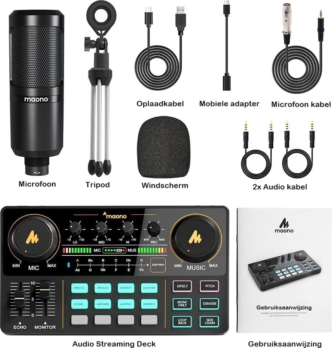 Een microfoon, statief, kabels, windscherm, audio streaming deck en handleiding worden weergegeven. Allemaal zwart en gelabeld.