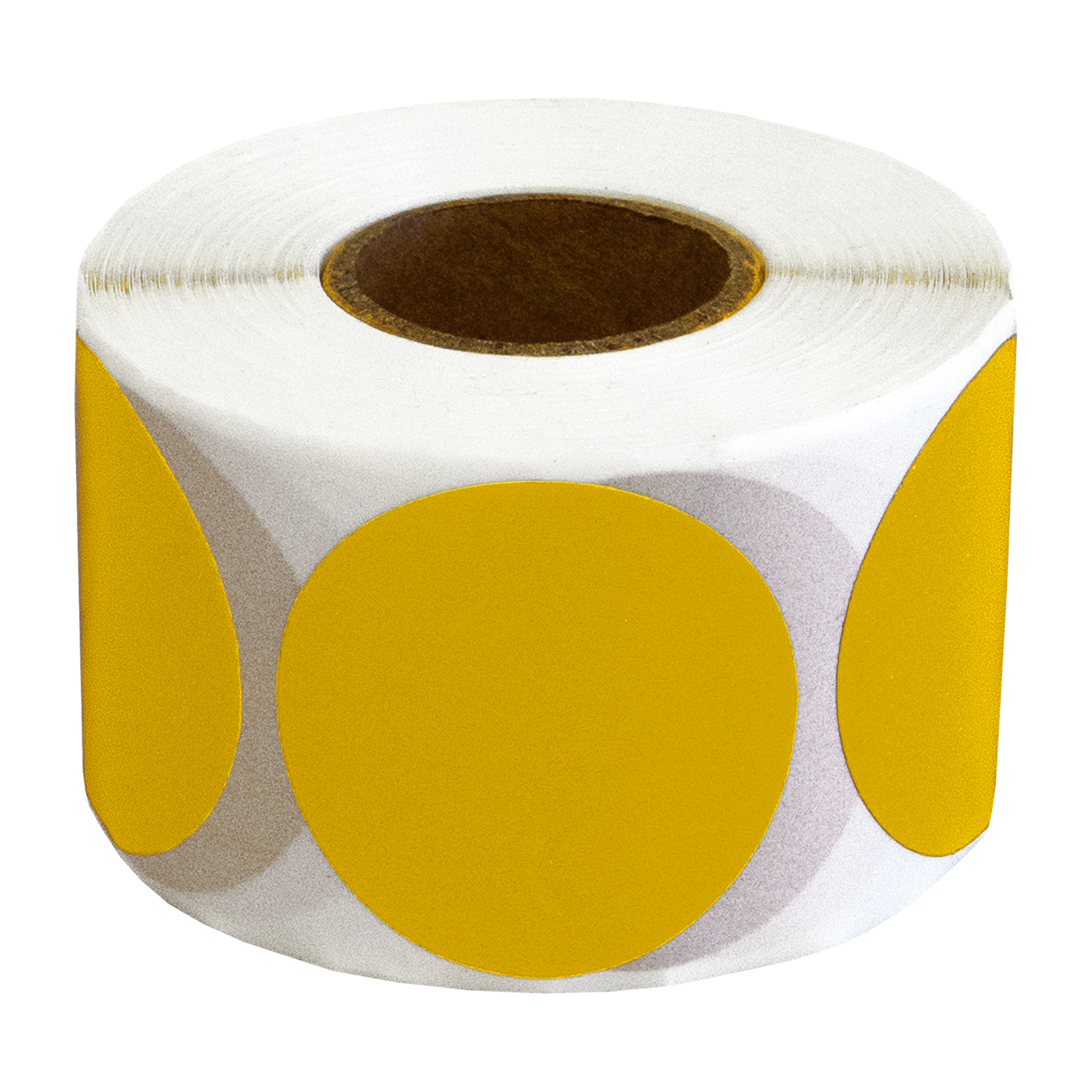 Een rol witte etiketten met gele ronde stickers. Het midden is een bruine kartonnen buis.