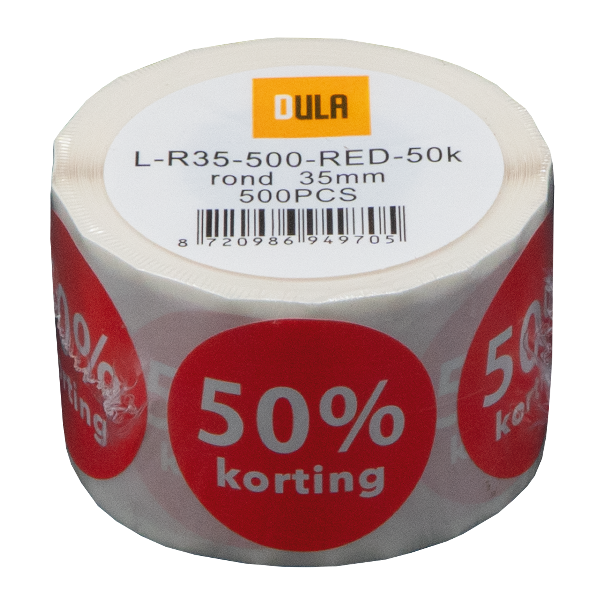 Een rol stickers met een witte achtergrond en rode cirkels met 50% korting. Het DULA-logo is zichtbaar.