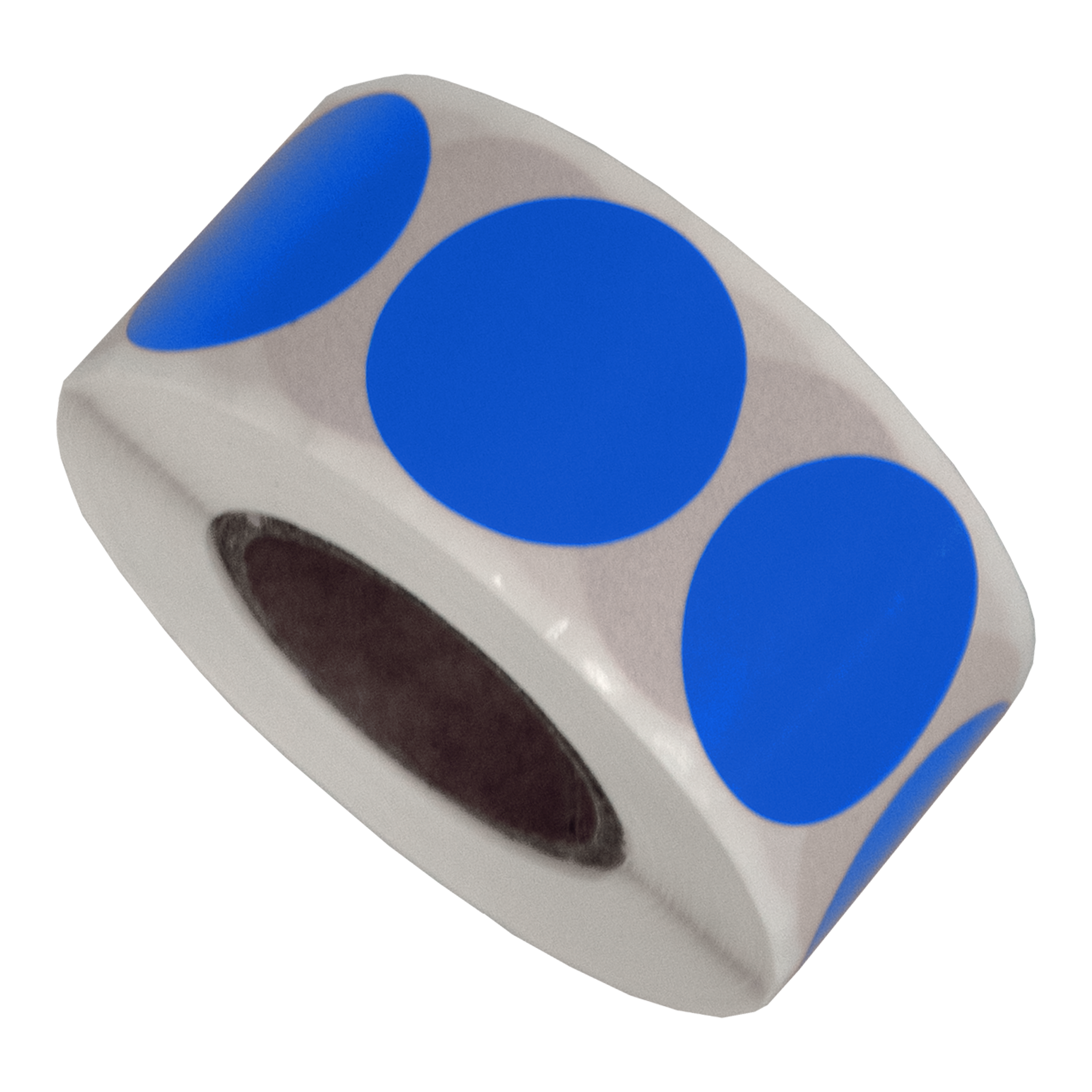 Een rol stickers. De stickers zijn blauwe cirkels op een grijze achtergrond, met een donkere kern.
