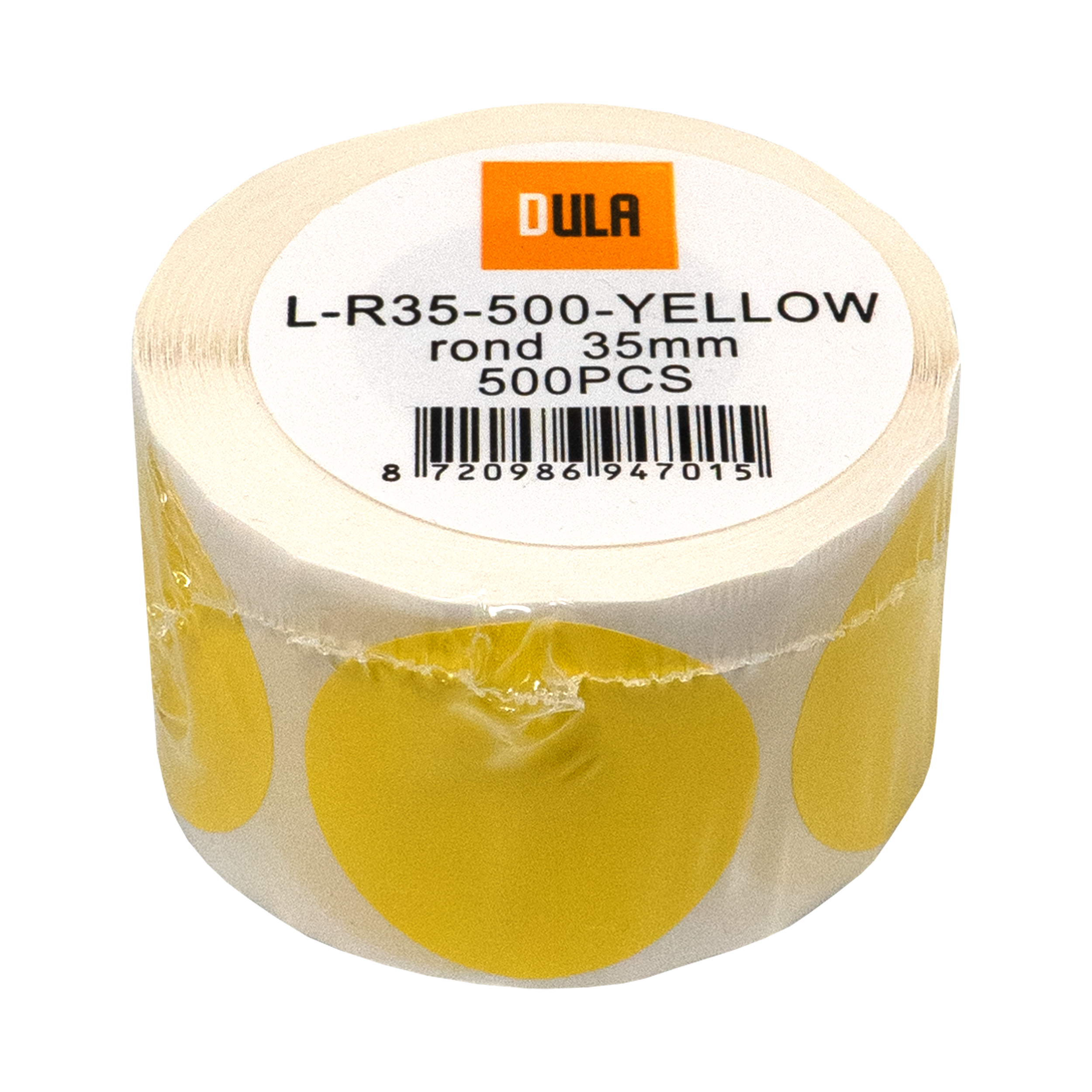 Een rol gele ronde stickers, verpakt in plastic. De tekst op de stickerrol luidt 'L-R35-500-YELLOW rond 35mm 500PCS'.