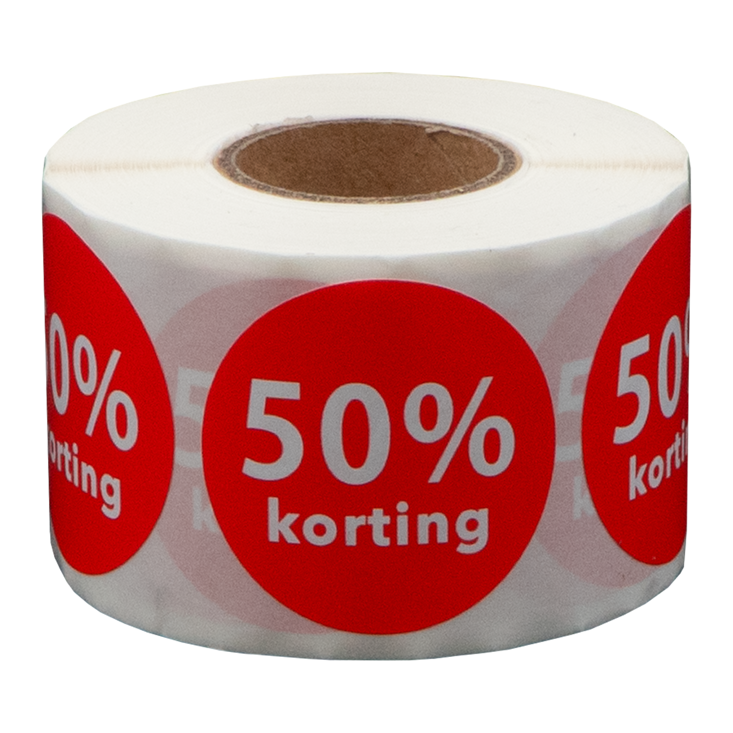 Een rol stickers. Elke sticker is rood met witte tekst die 50% korting en het woord 'korting' aangeeft.