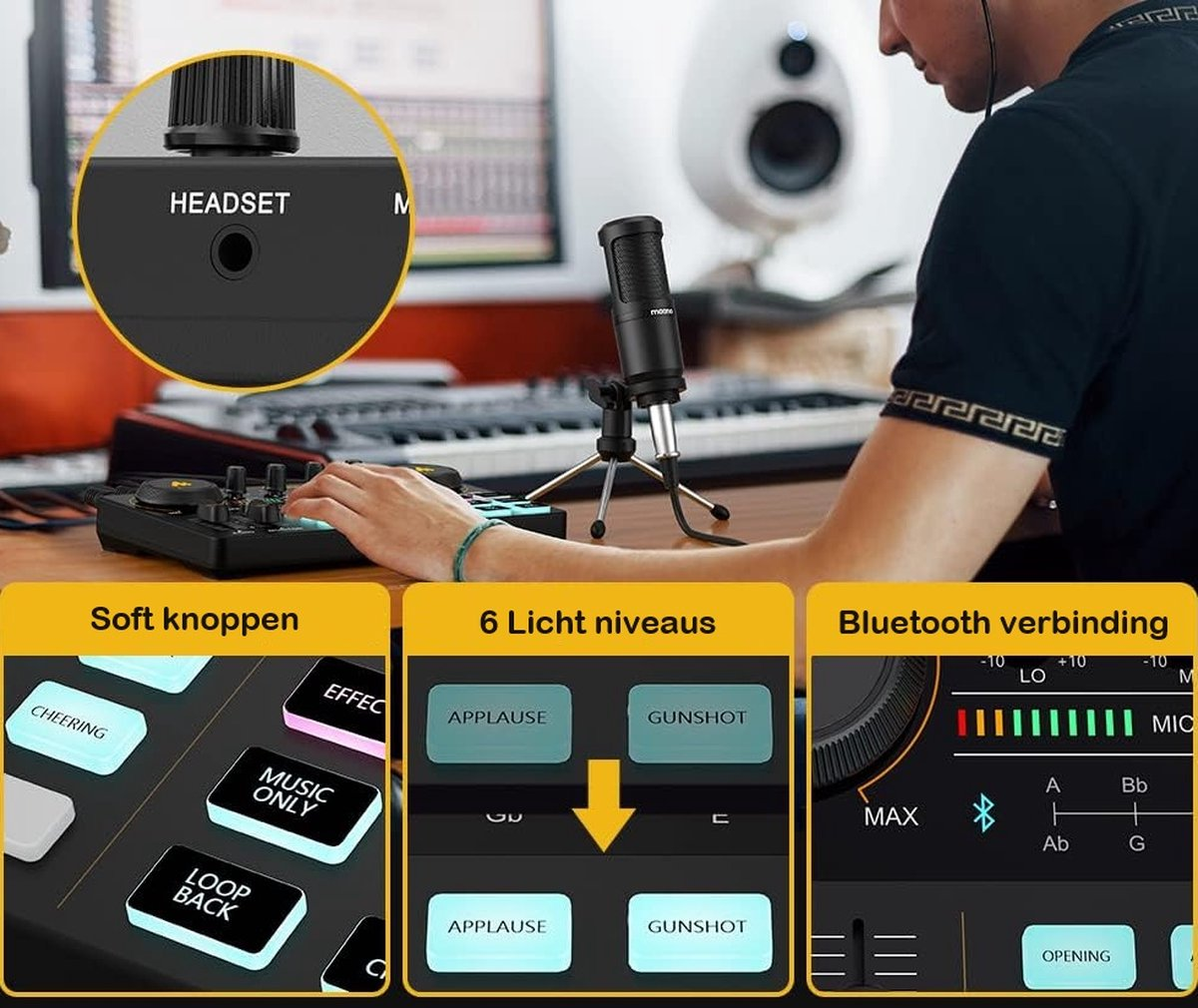 Een persoon gebruikt een mengpaneel met een microfoon. Het scherm toont knoppen, een headsetpoort en Bluetooth-bediening. De achtergrond heeft een keyboard.