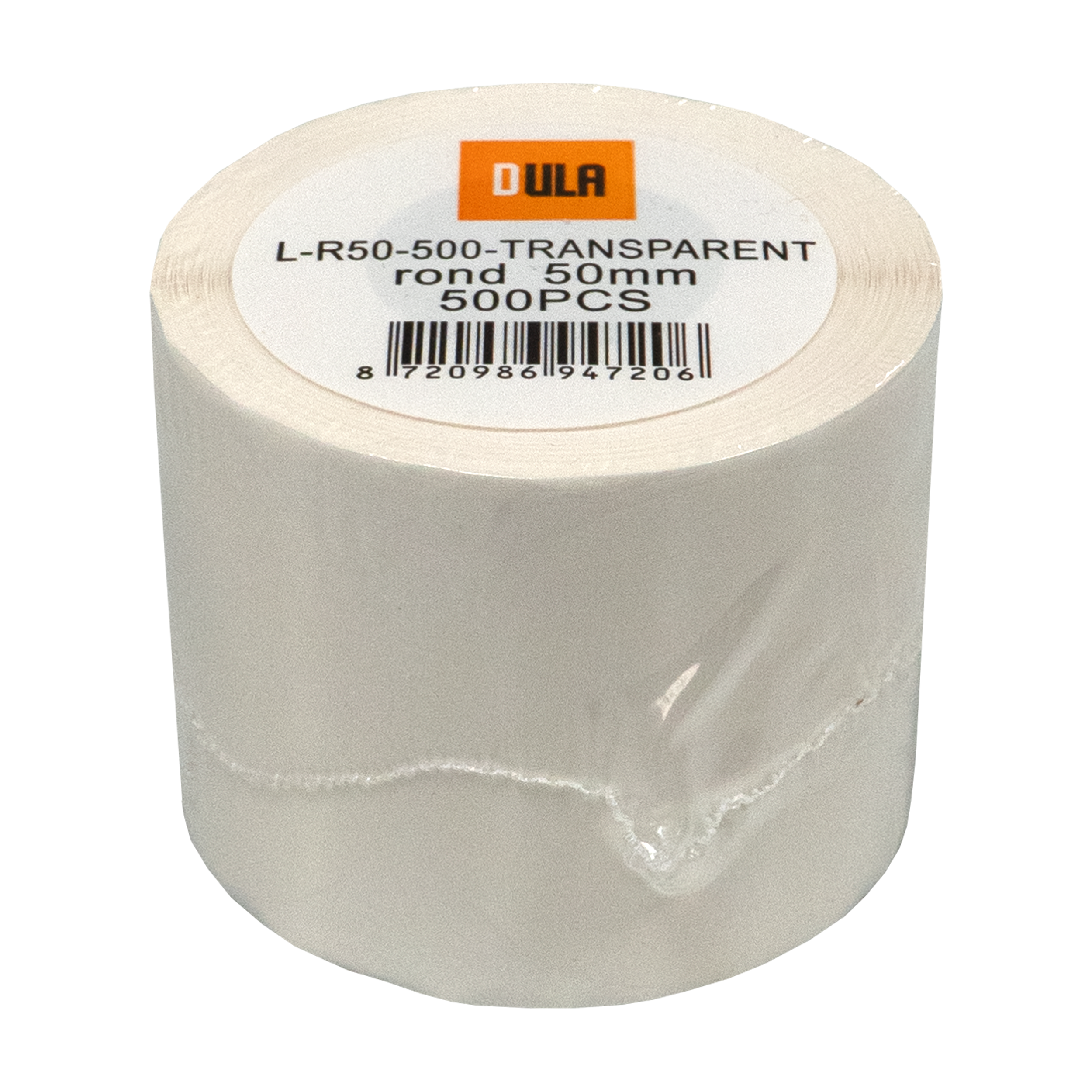 Een rol transparante tape met een label met het merk, productdetails en een streepjescode.
