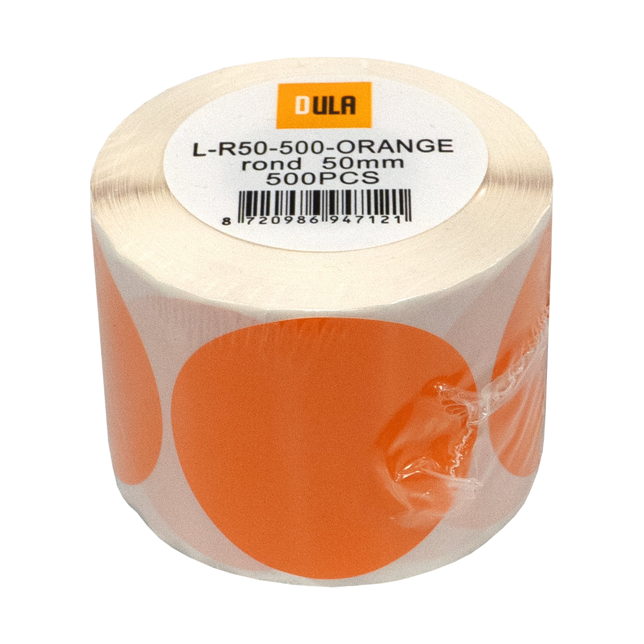 Een rol oranje ronde etiketten. Het etiket luidt: L-R50-500-ORANGE rond 50mm 500PCS.